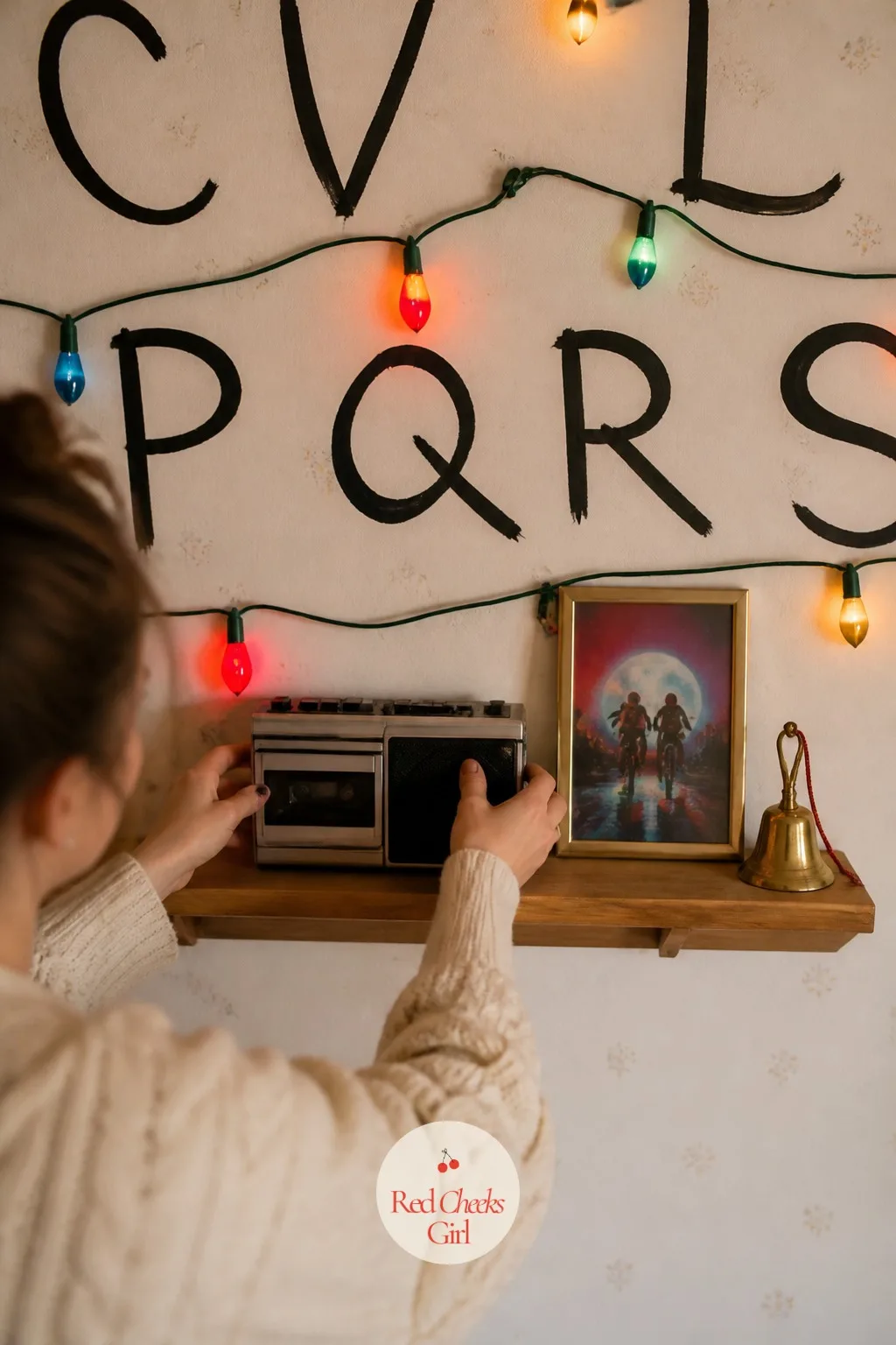The Shelf Beneath It — A wall that loud needs somewhere for the eye to rest, and a narrow shelf does it. Stranger things christmas