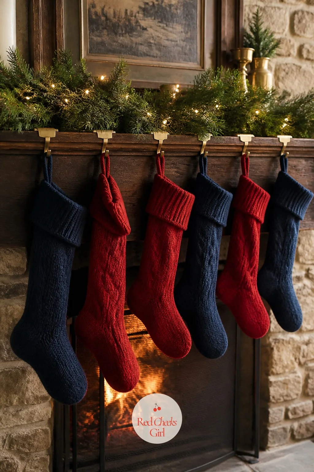 The Stockings, Waiting — Six stockings in navy and cherry red, hung with real weight behind them, say more about the evening than anything else on the mantel.