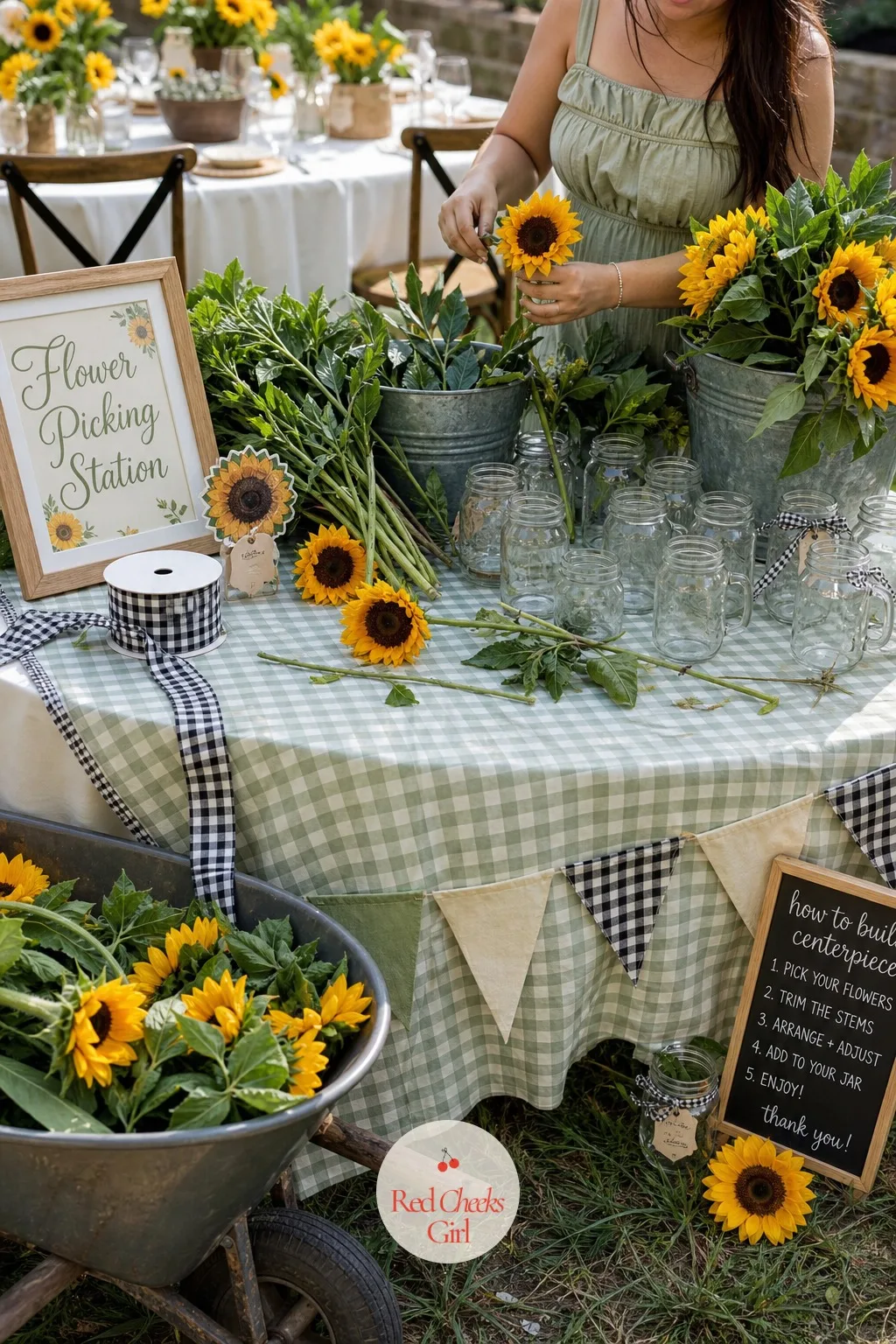 The Flower-Picking Station for Centerpieces — Centerpieces that sit untouched all party feel like decoration for its own sake. Sunflower theme baby shower ideas