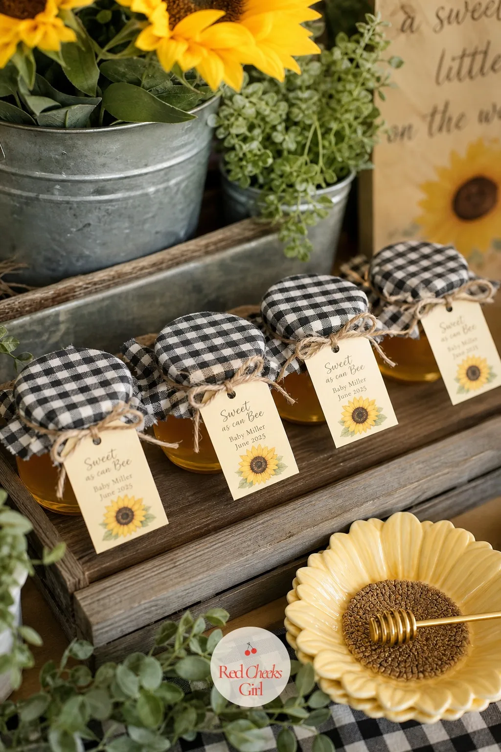 Honey Jars with Gingham Lids — Not every guest has a windowsill for a plant or a garden bed for seeds. Sunflower theme baby shower ideas