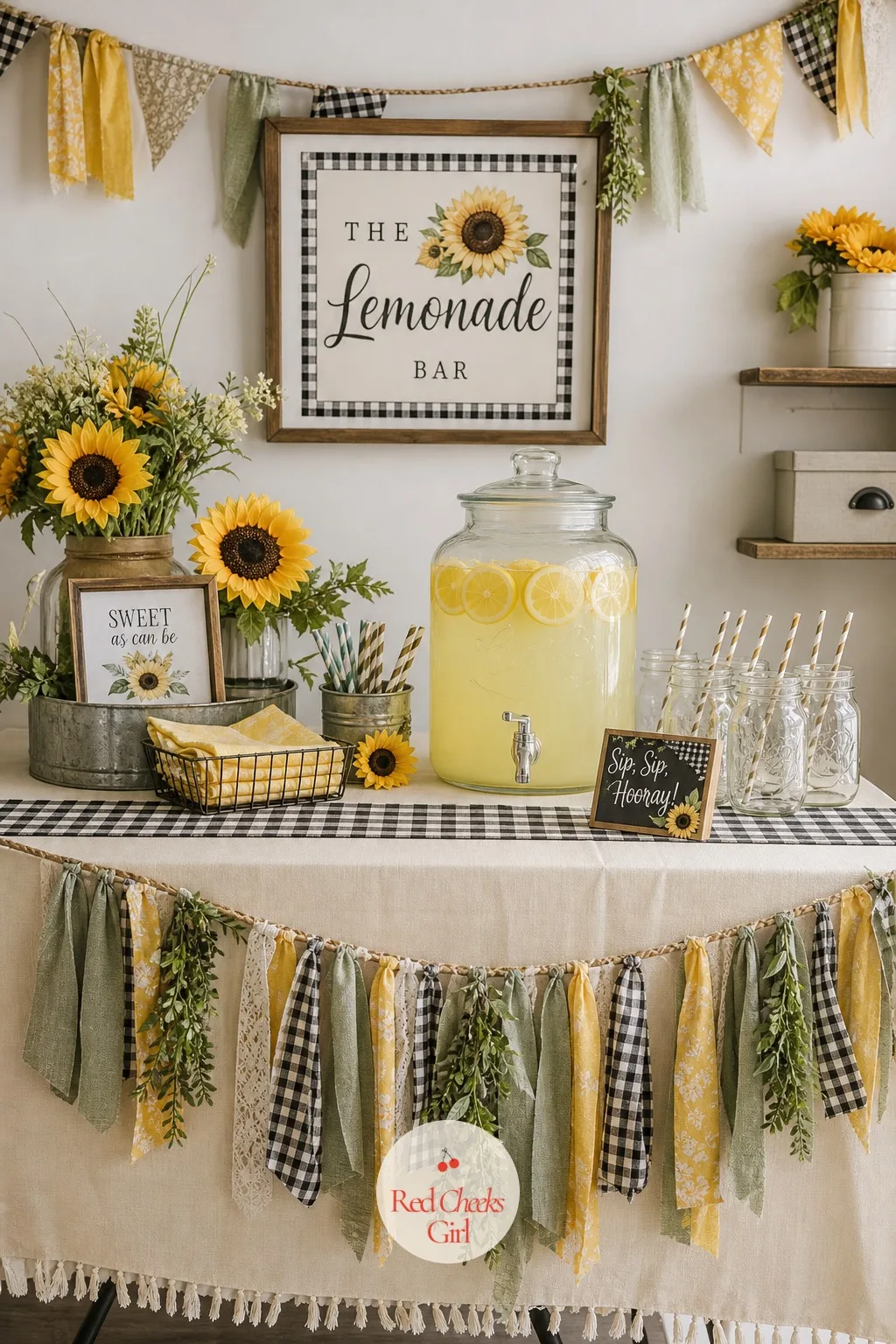 The Lemonade Bar — A punch bowl feels dated, a single pitcher runs dry by the second hour. Sunflower theme baby shower ideas