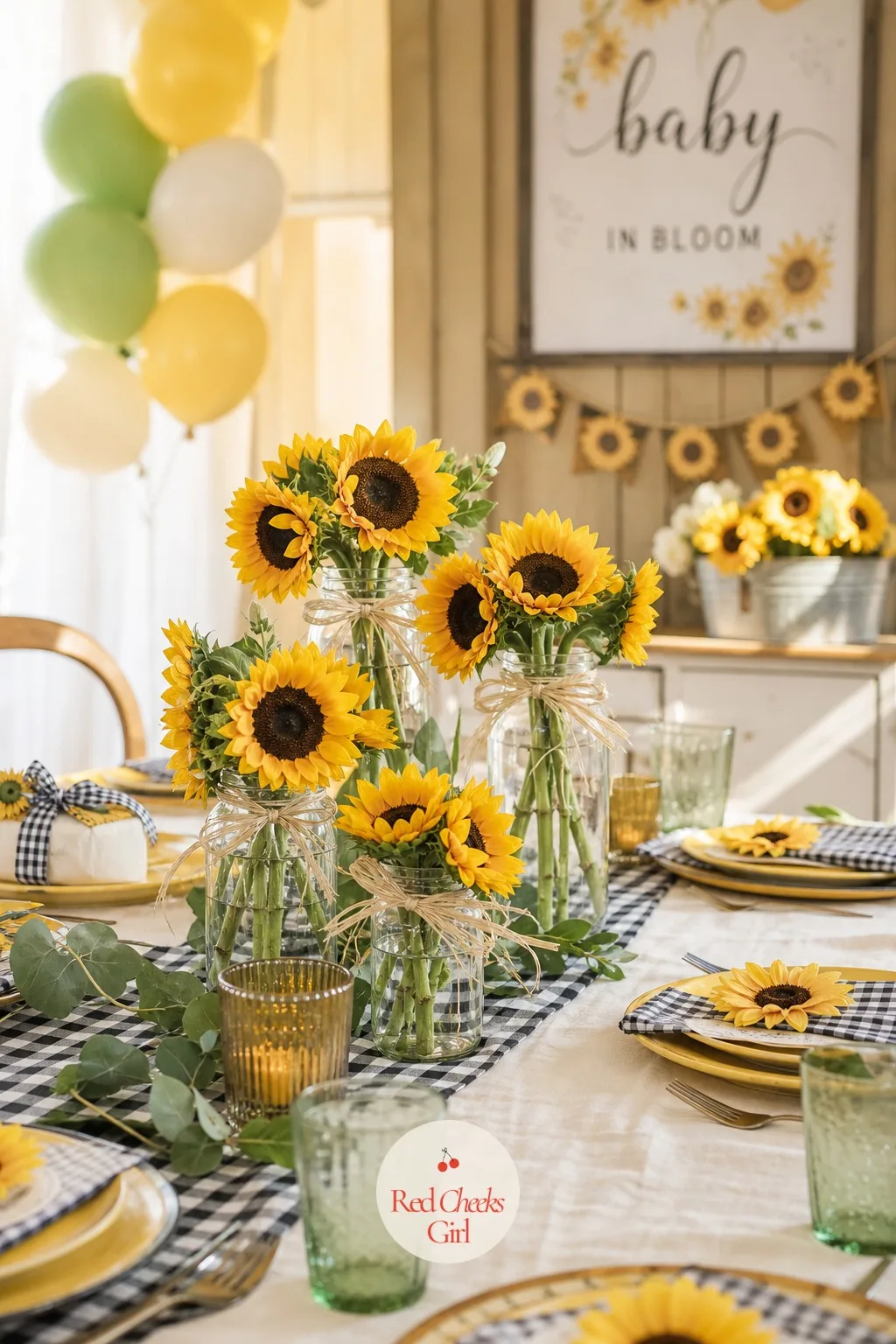 Mason Jar Sunflower Bunches — A single giant arrangement looks like a florist bill. Sunflower theme baby shower ideas