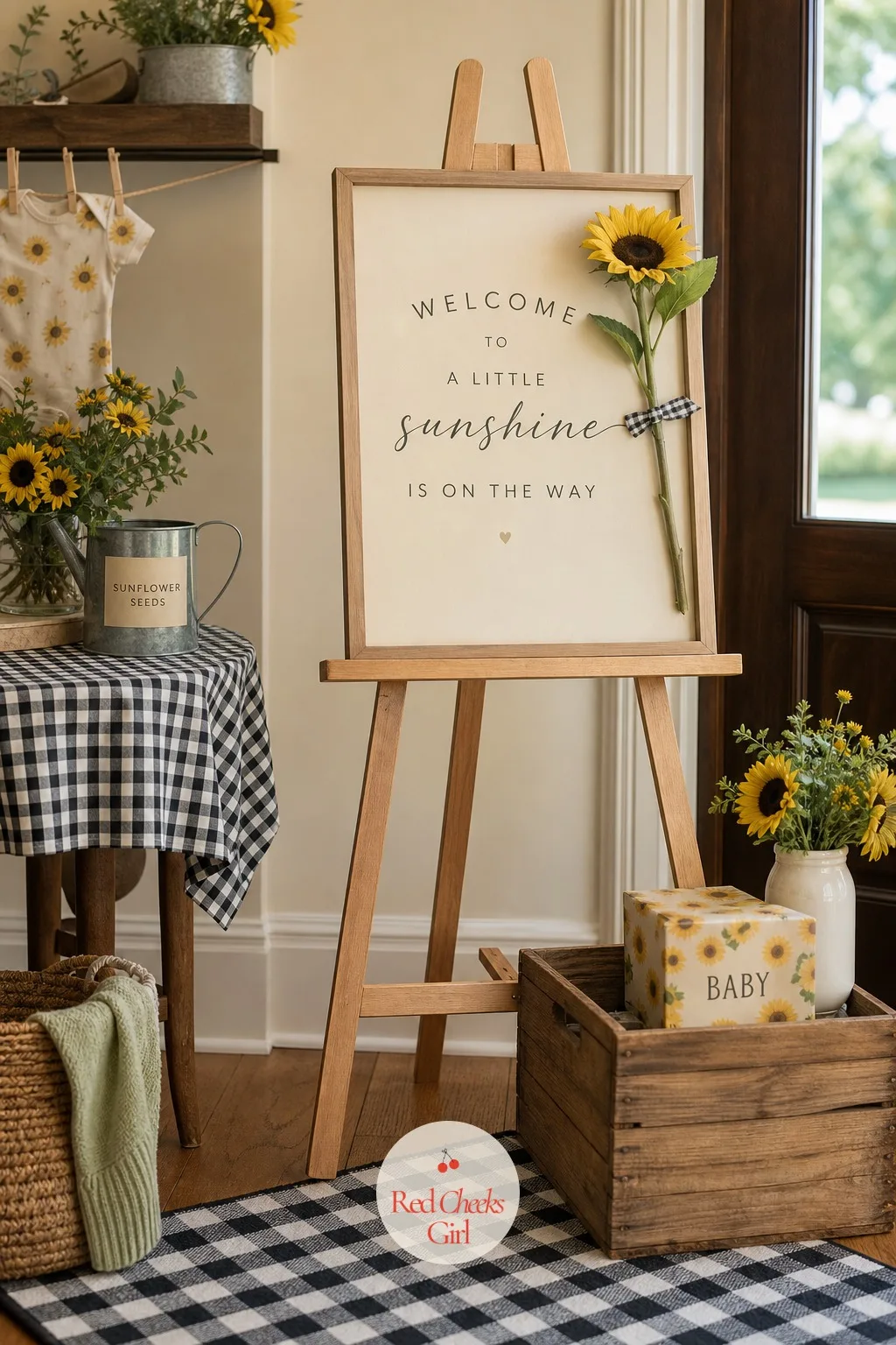 Painted Wood Welcome Easel — Guests standing at the door wondering if they have the right house is a small, avoidable awkwardness. Sunflower theme baby shower