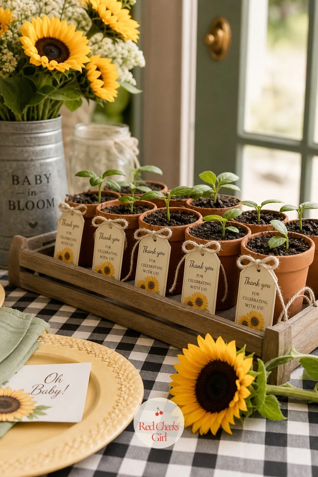 Potted Sunflower Favors — A favor that gets thrown out in the car is money spent for nothing. Sunflower theme baby shower ideas
