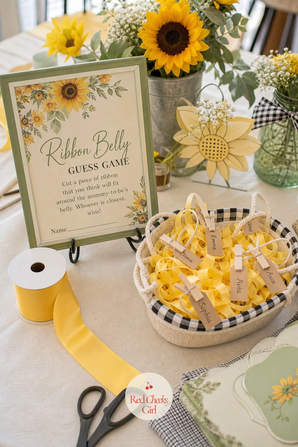 Ribbon Belly-Guess Game — The classic belly game feels tired until the ribbon itself matches the table instead of coming from a leftover craft bin. Sunflower