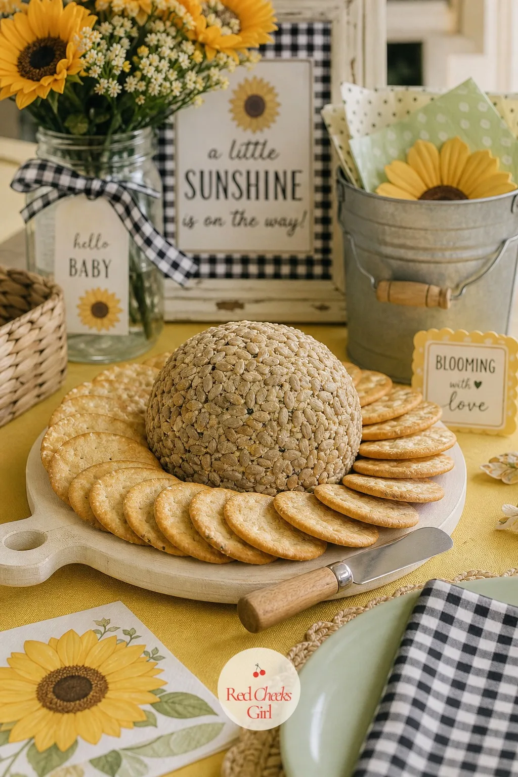 Sunflower Seed Cheese Ball — A plain cheese ball disappears into the rest of the snack table. Sunflower theme baby shower ideas
