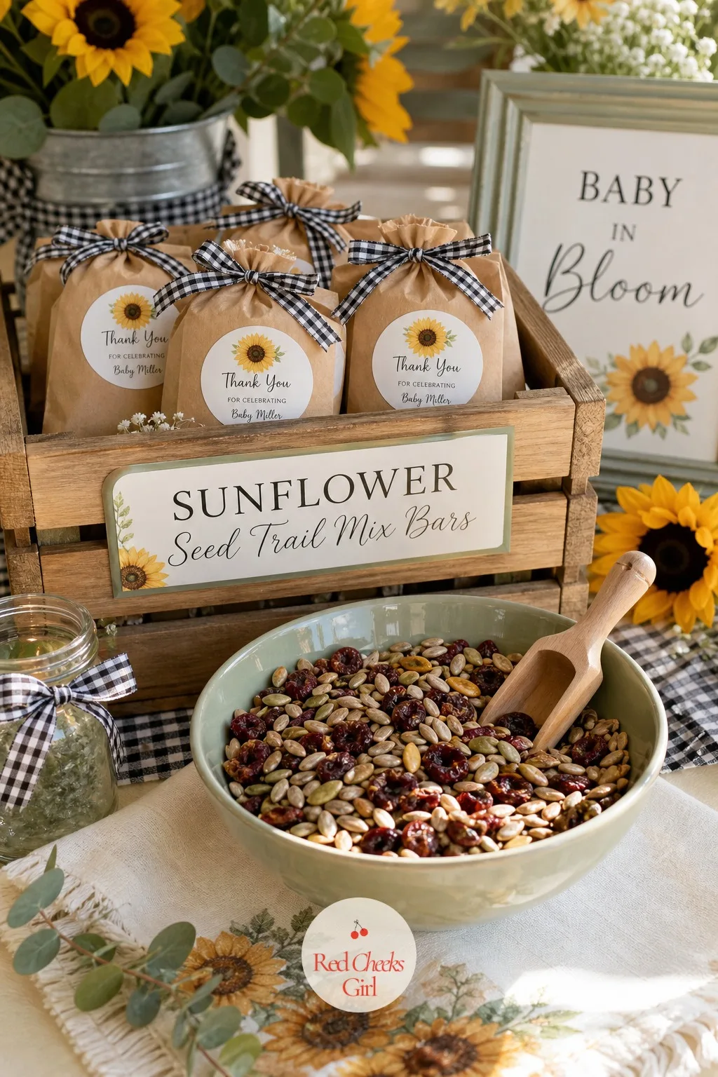 Sunflower Seed Trail Mix Bar — Chips go stale by hour two and someone always forgets the dip. Sunflower theme baby shower ideas