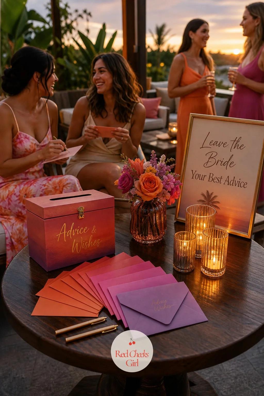 An Advice and Wishes Station in Ombre Envelopes — A blank guestbook asks a lot of a guest standing with a drink in one hand. Sunset bachelorette theme