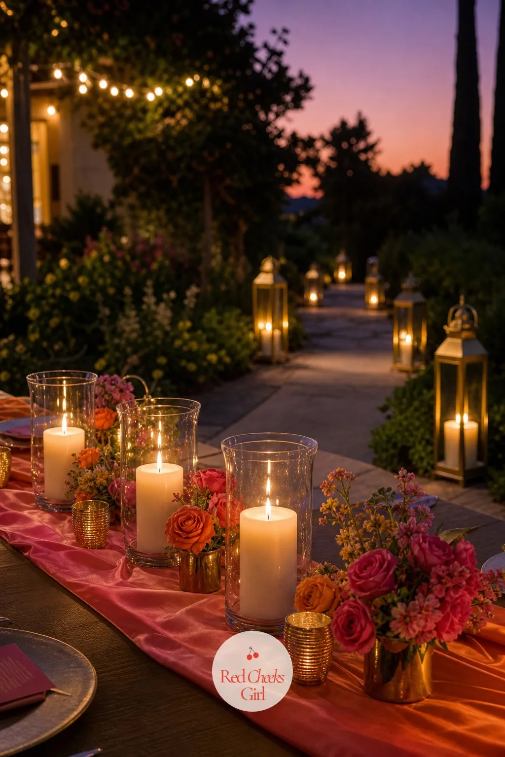Candle Lanterns Lit Along the Path or Table — Golden hour light is gone within half an hour of actually arriving. Sunset bachelorette theme
