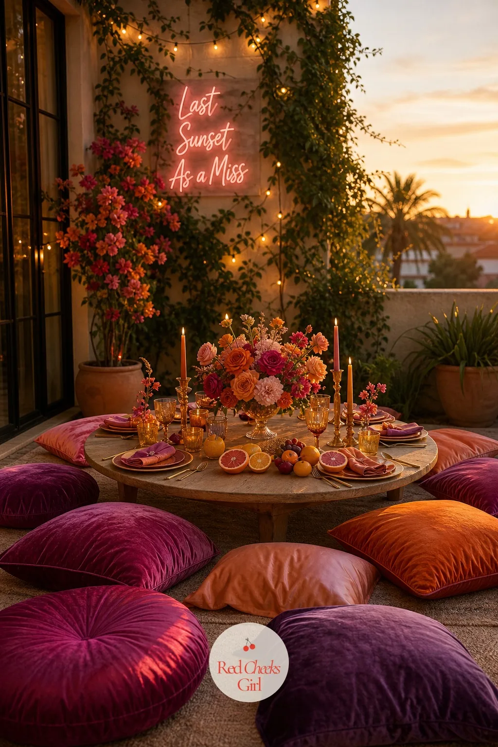Golden Hour Picnic With a Low Table and Floor Cushions — A dinner table and chairs says meeting. Sunset bachelorette theme