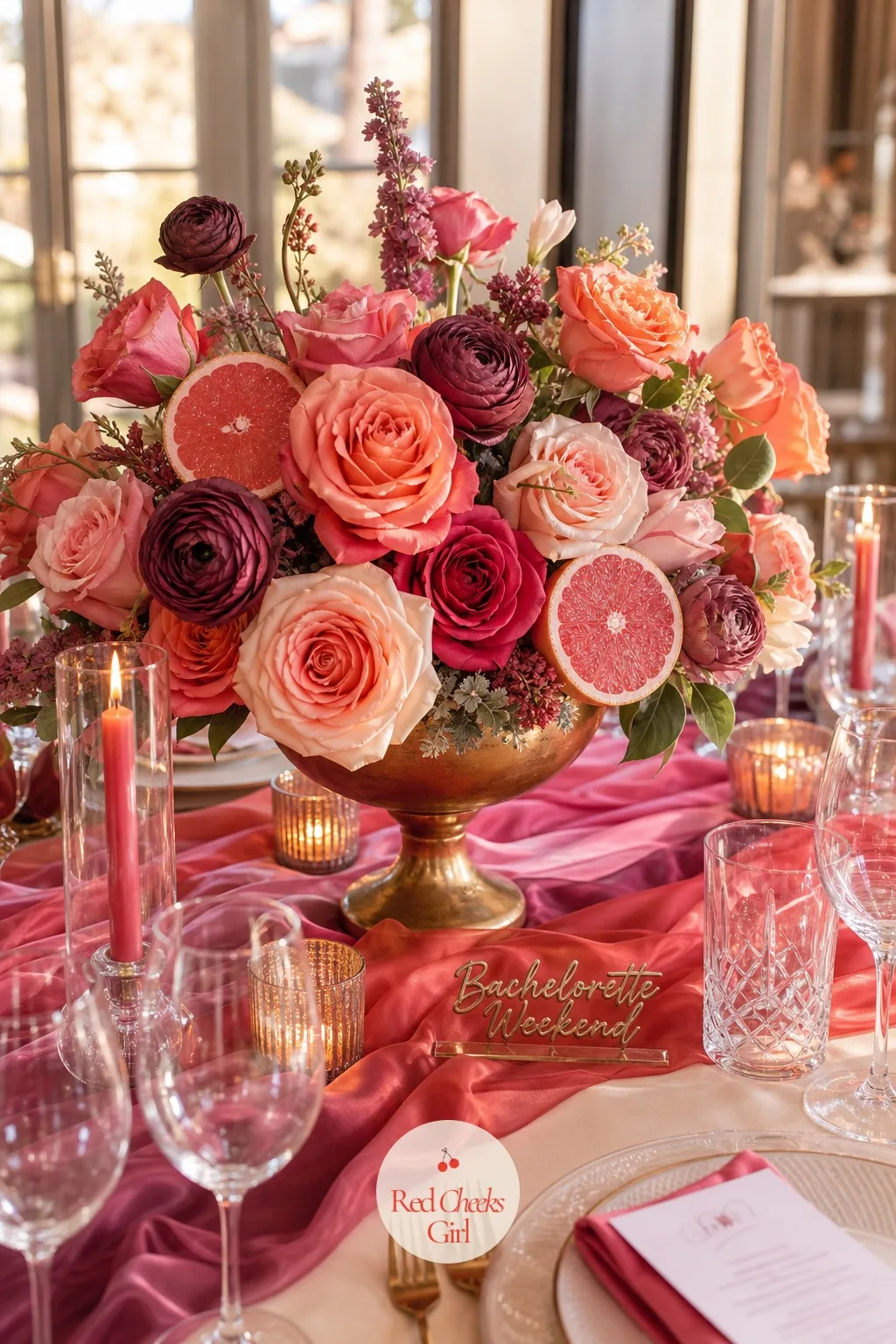 Grapefruit Mixed Into the Centerpiece Flowers — A vase of flowers alone can look like it belongs to any party. Sunset bachelorette theme