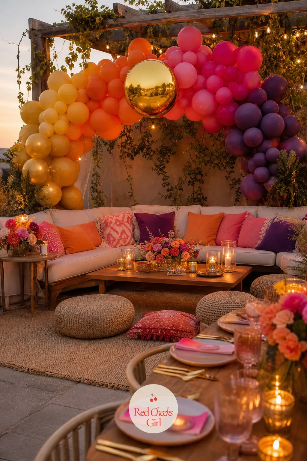 An Ombre Balloon Arch Over the Lounge — A blank corner of a patio or living room reads as leftover space. Sunset bachelorette theme