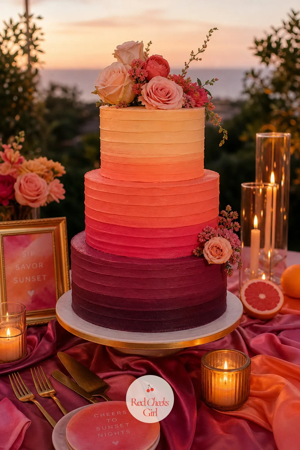 Ombre Cake in Sunset Layers — A plain white cake disappears into the rest of the table. Sunset bachelorette theme