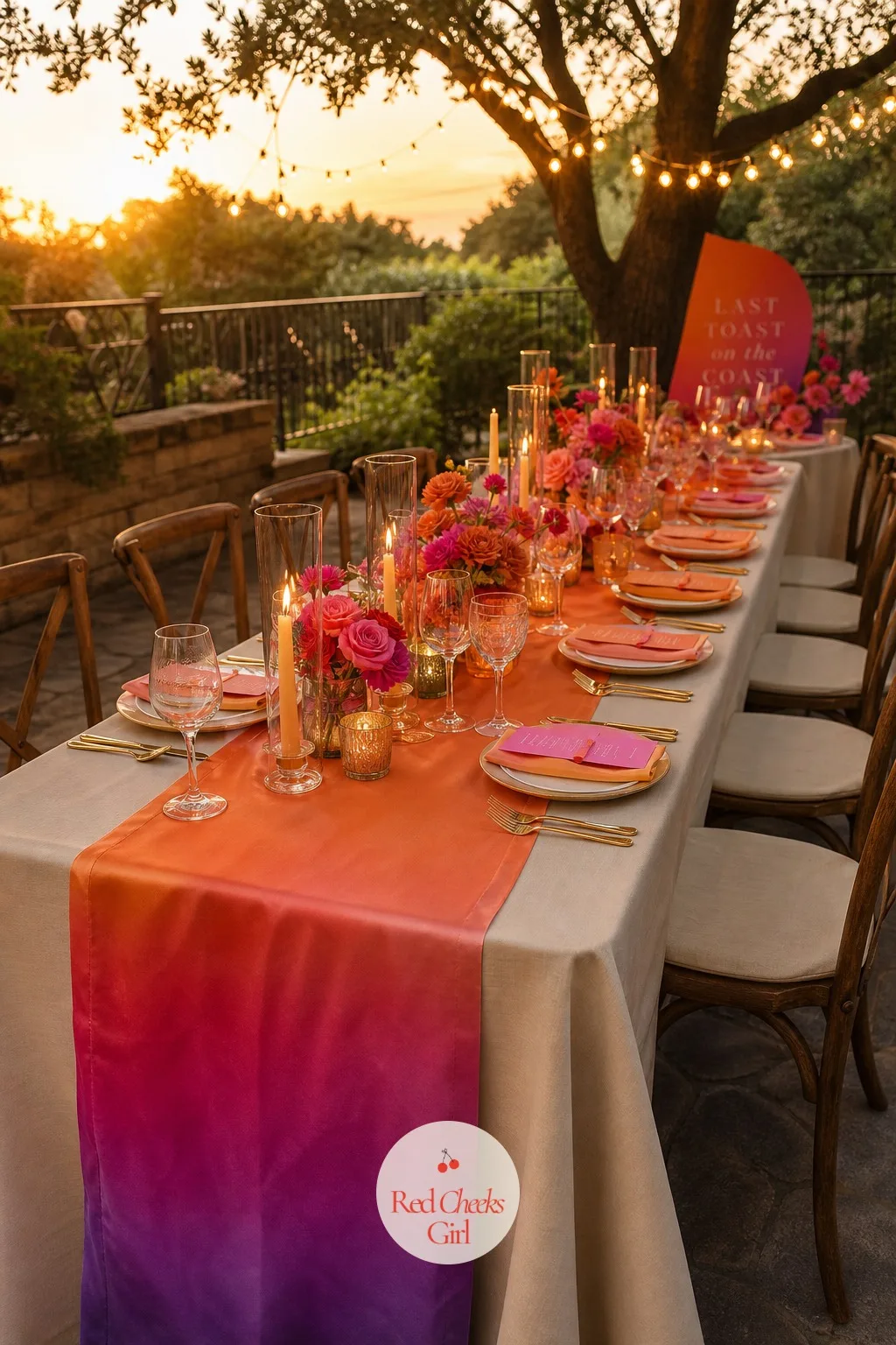 An Ombre Table Runner the Length of the Table — A bare table looks like it is waiting for something. Sunset bachelorette theme
