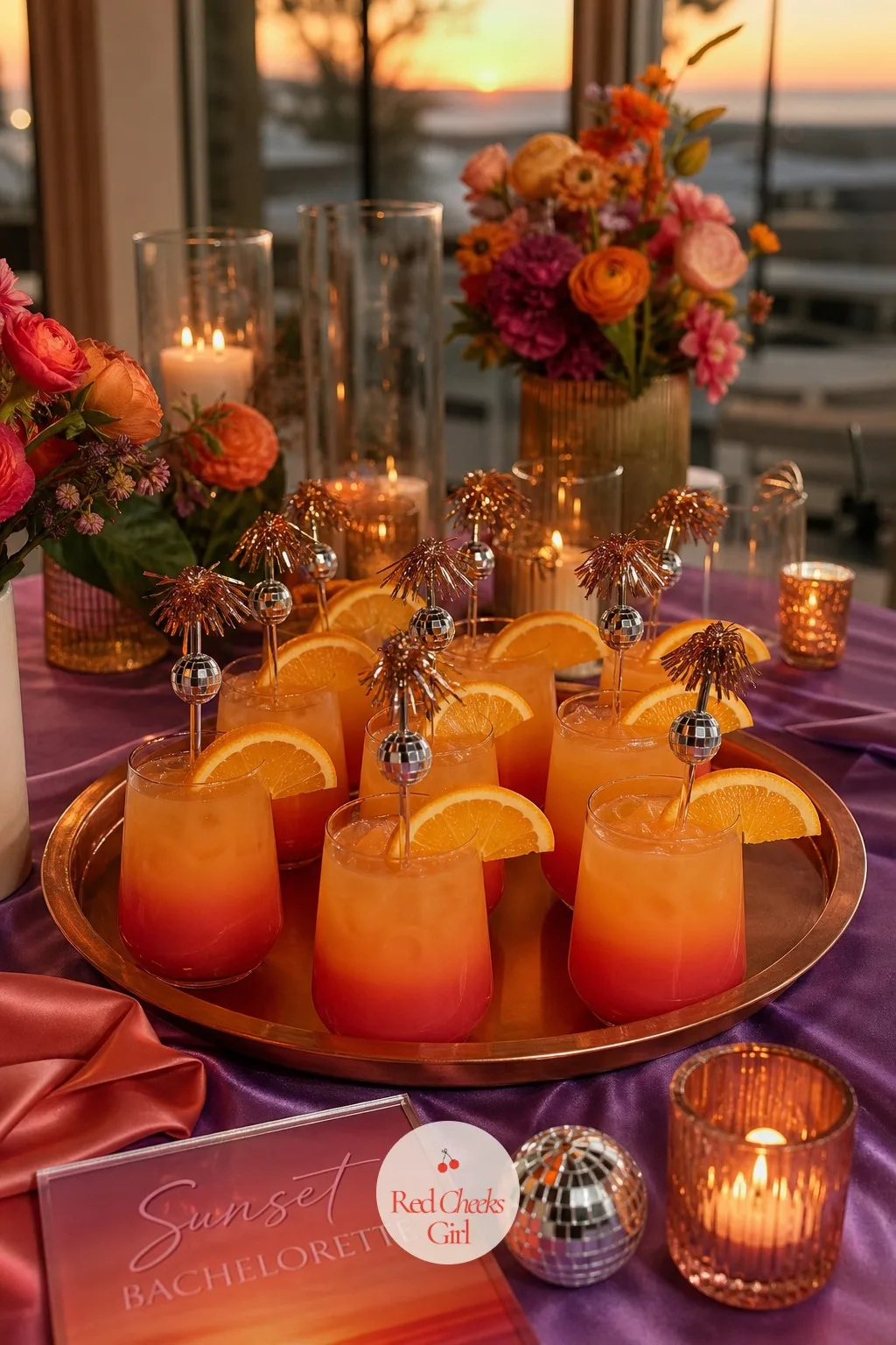 Sunset Cocktails in an Ombre Pour — A tray of identical cocktails looks catered. Sunset bachelorette theme