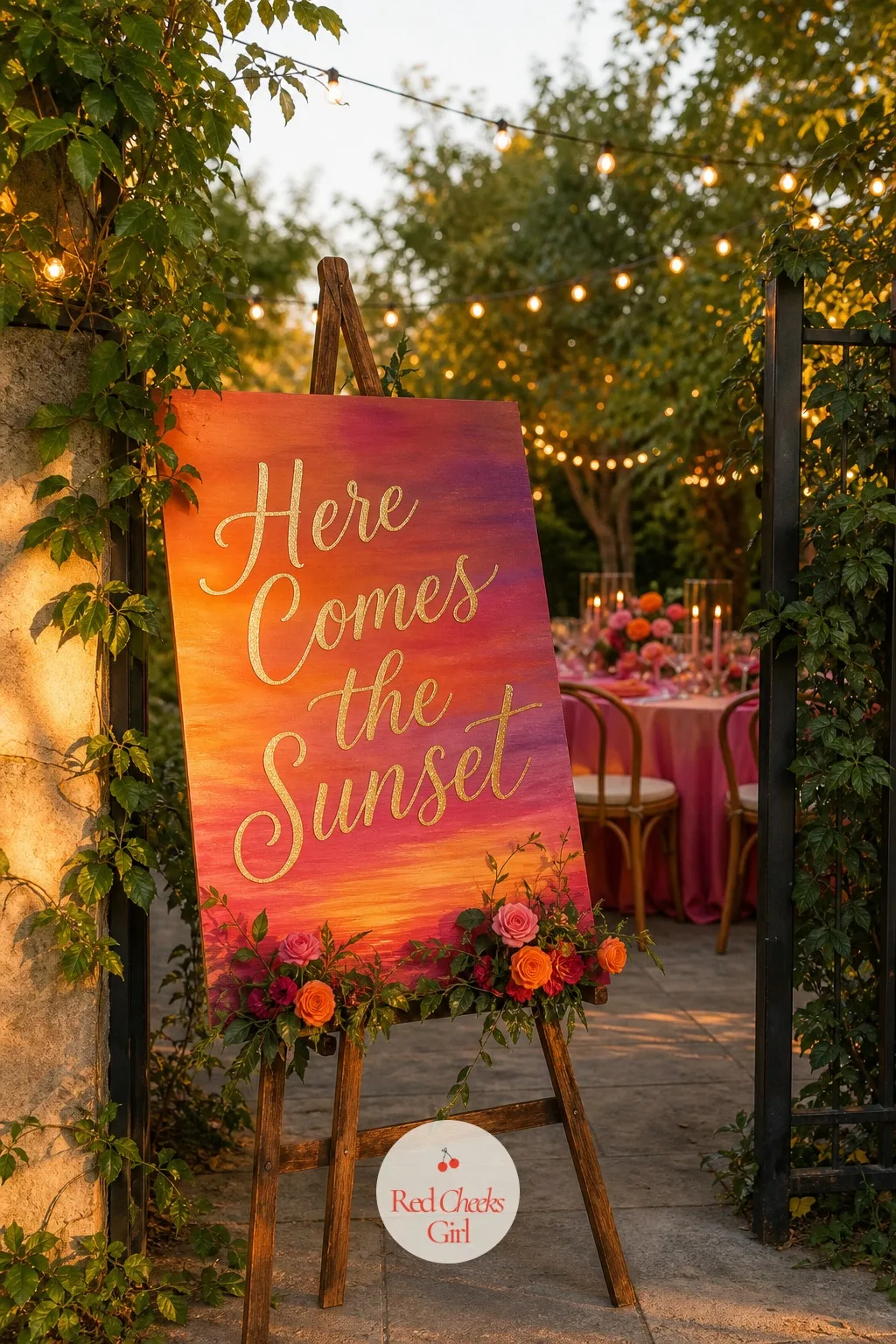 Sunset Welcome Sign at the Entrance — Guests decide how dressed up to feel in the first five seconds, right at the door. Sunset bachelorette theme
