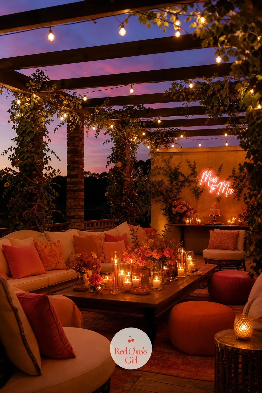 Warm String Lights Over the Lounge — Once the lanterns are lit at table height, the space above still needs something, or the night sky just reads as dark.
