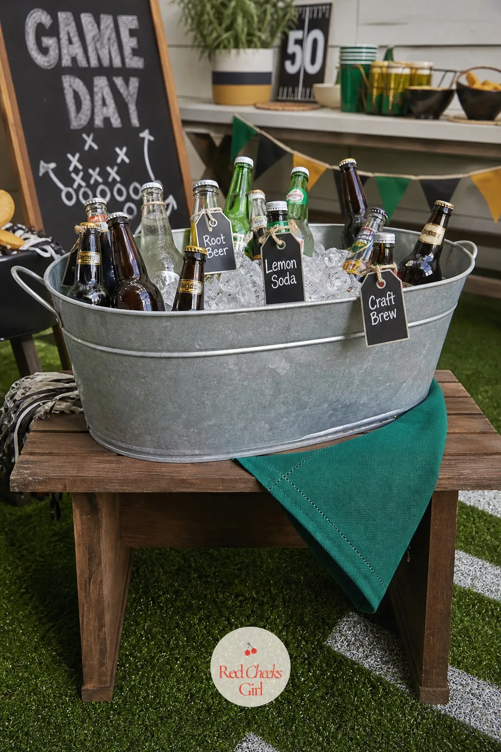 Bench Ice Tub for Bottles — Bottles swimming in a cooler bag under the table is fine but invisible. Super bowl party ideas