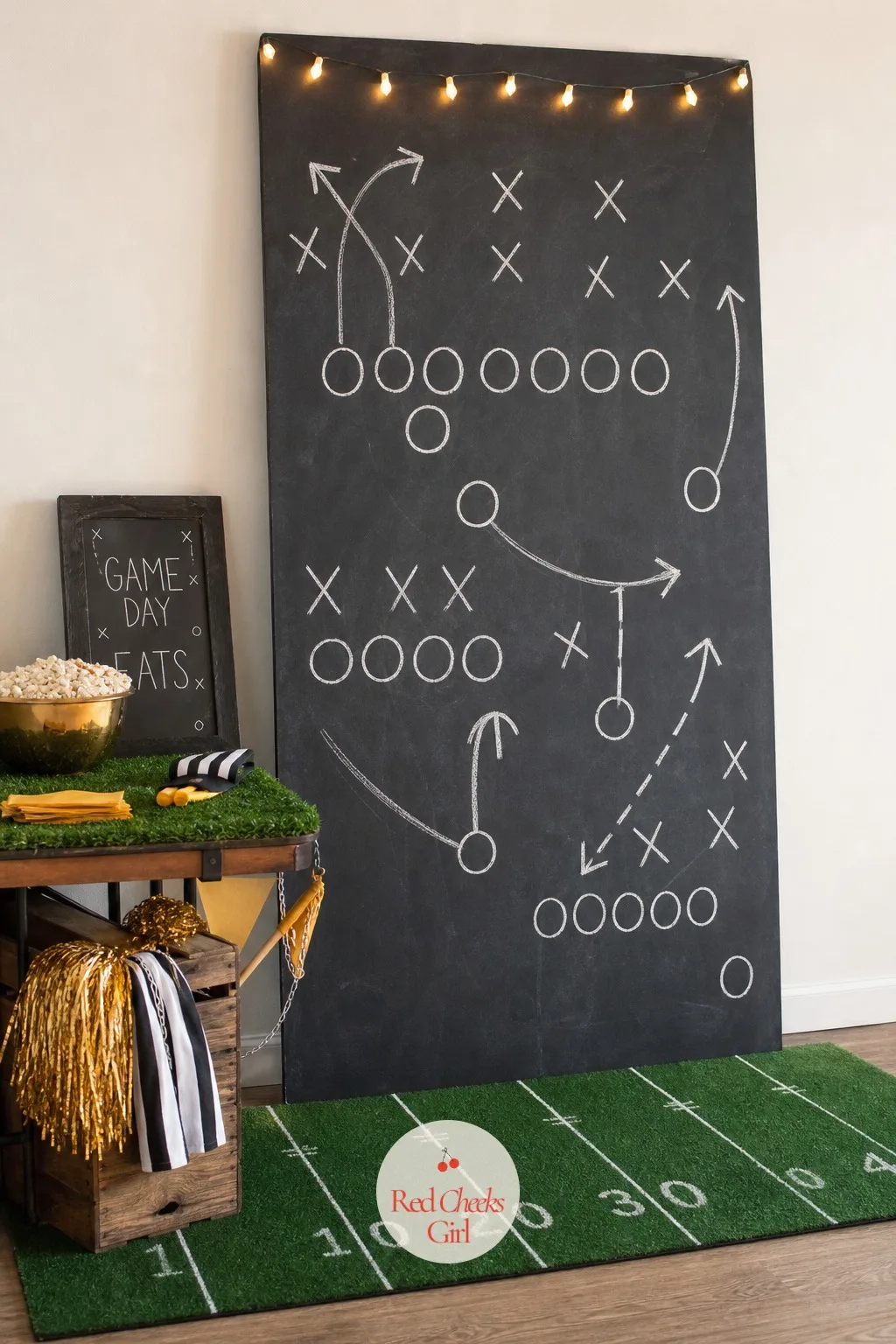 Chalkboard Playbook Backdrop — A blank wall behind the snack table does nothing for her and nothing for photos. Super bowl party ideas
