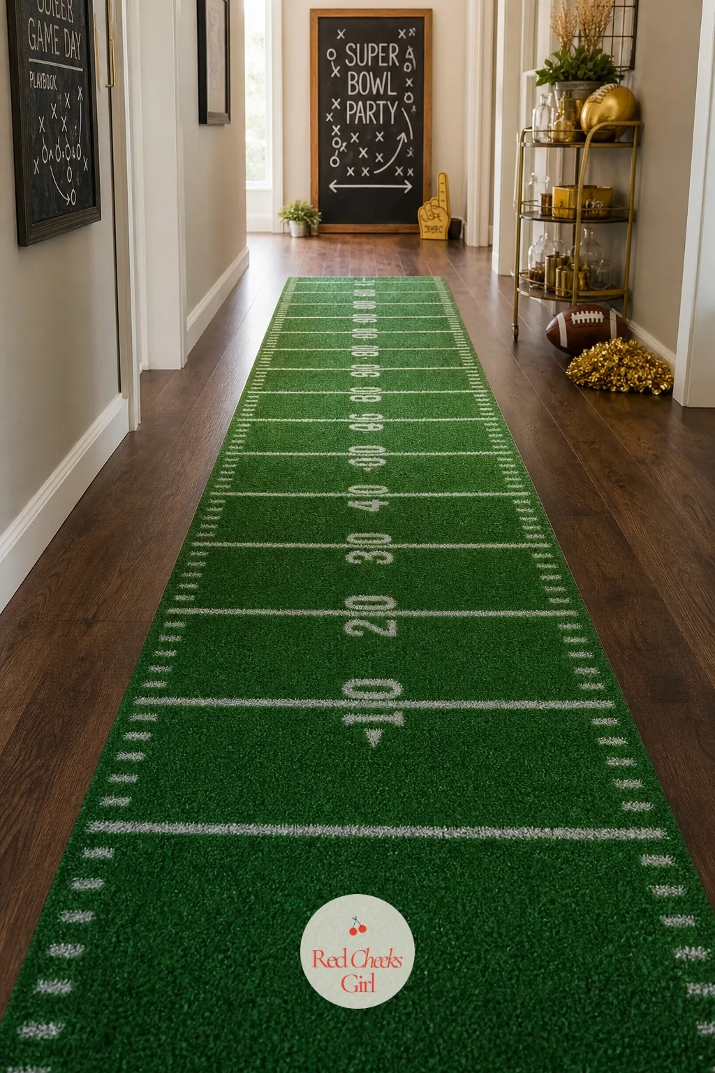 Faux Grass Field Runner — A plain hallway floor says nothing. Super bowl party ideas