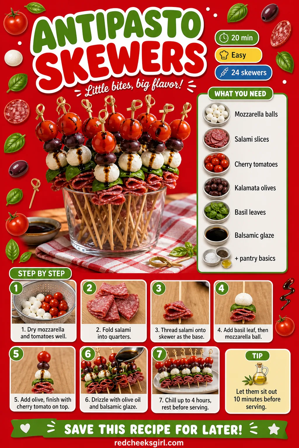 Antipasto Skewers Recipe Card printable sheet — Printable card for antipasto skewers. Super bowl party food