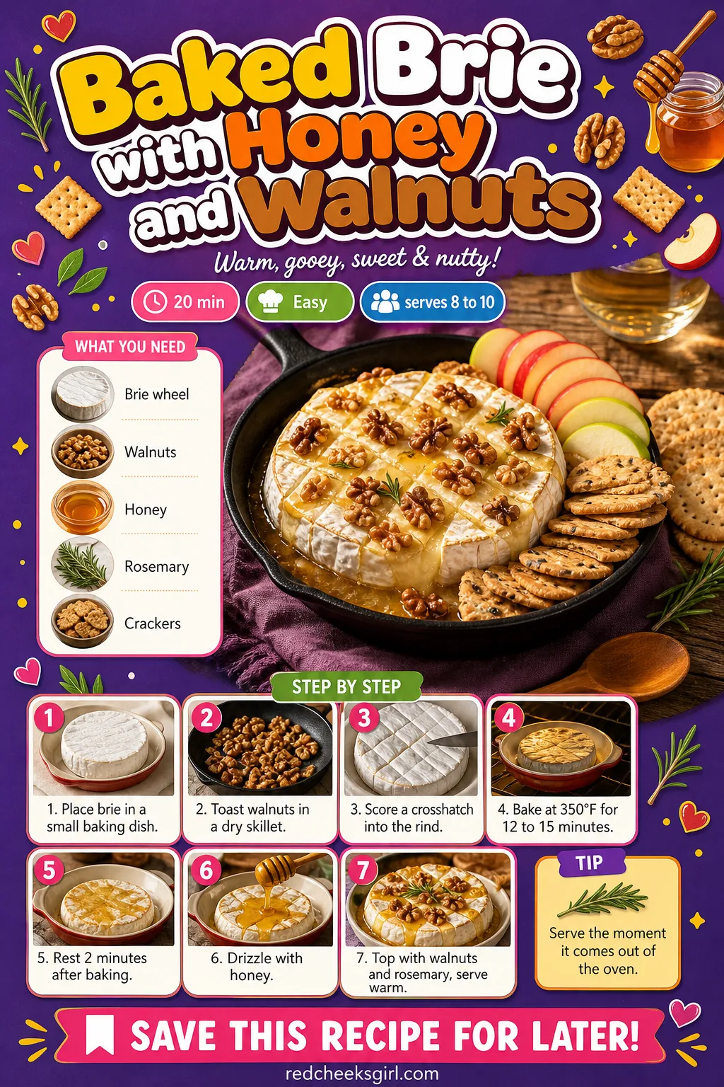 Baked Brie with Honey and Walnuts Recipe Card printable sheet — Printable card for baked brie with honey and walnuts. Super bowl party food