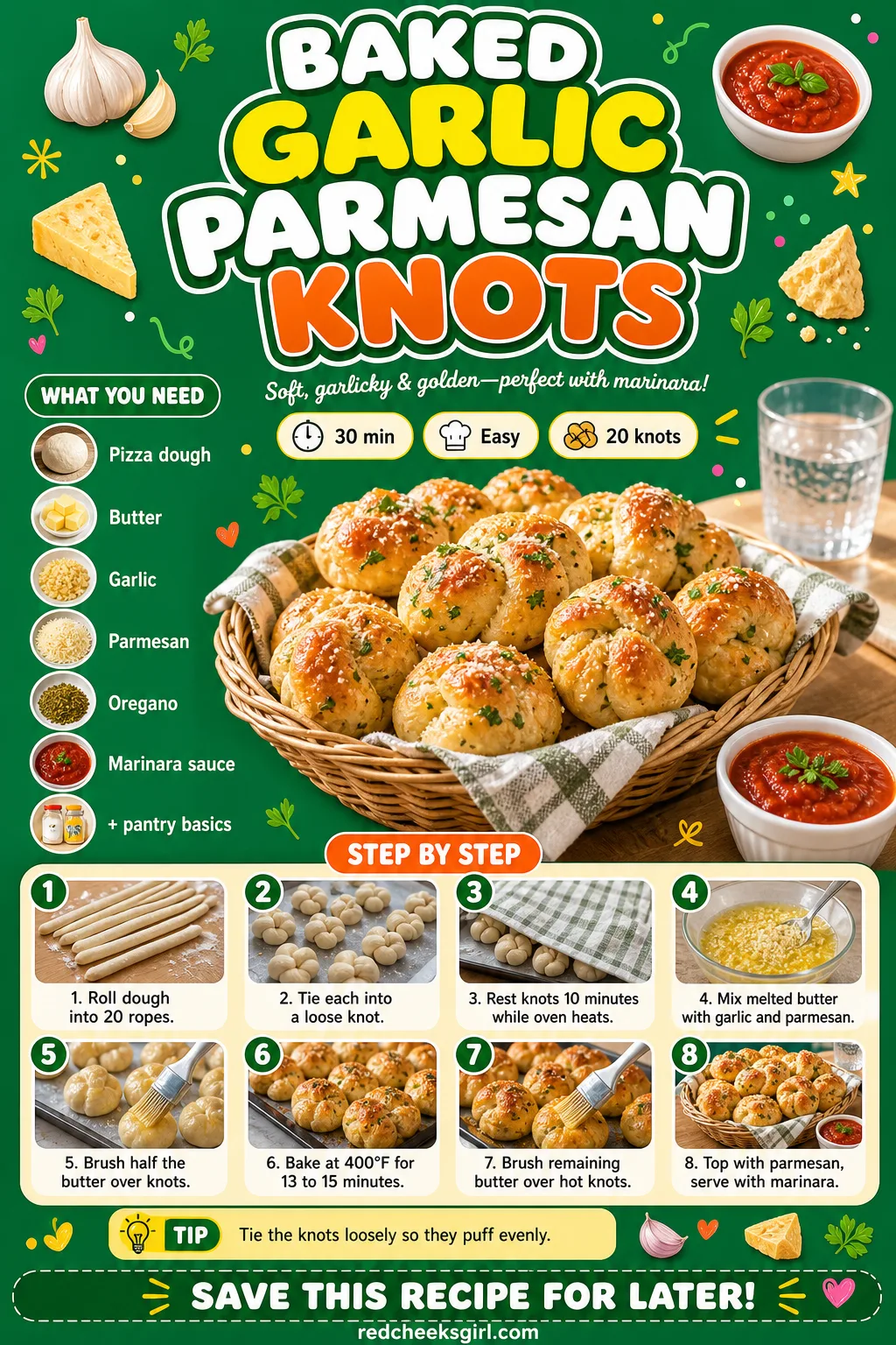 Baked Garlic Parmesan Knots Recipe Card printable sheet — Printable card for baked garlic parmesan knots. Super bowl party food