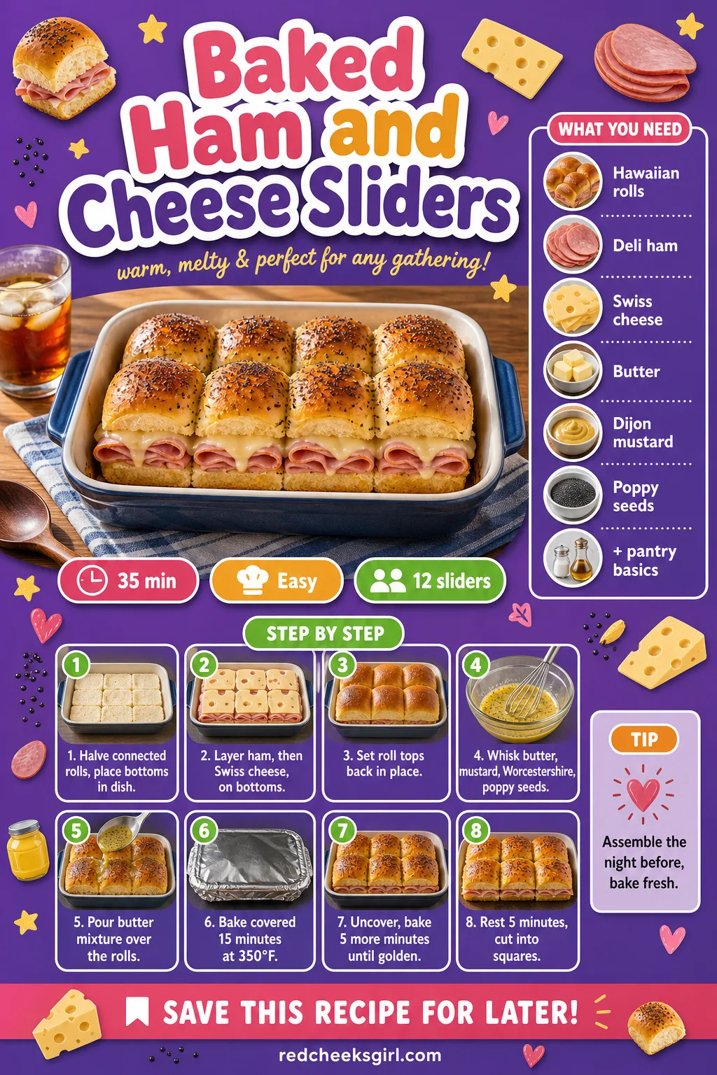 Baked Ham and Cheese Sliders Recipe Card printable sheet — Printable card for baked ham and cheese sliders. Super bowl party food