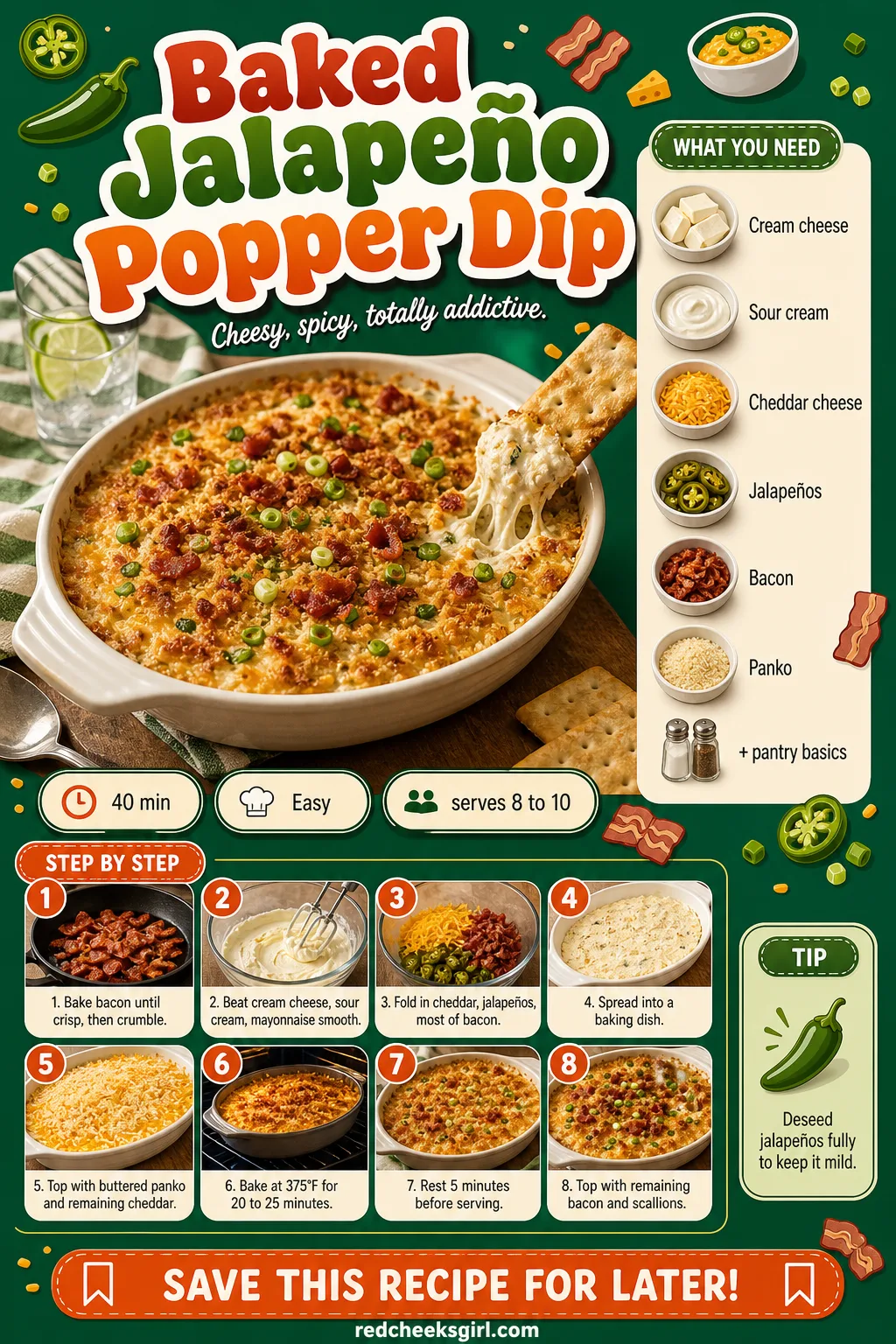 Baked Jalapeño Popper Dip Recipe Card printable sheet — Printable card for baked jalapeño popper dip. Super bowl party food