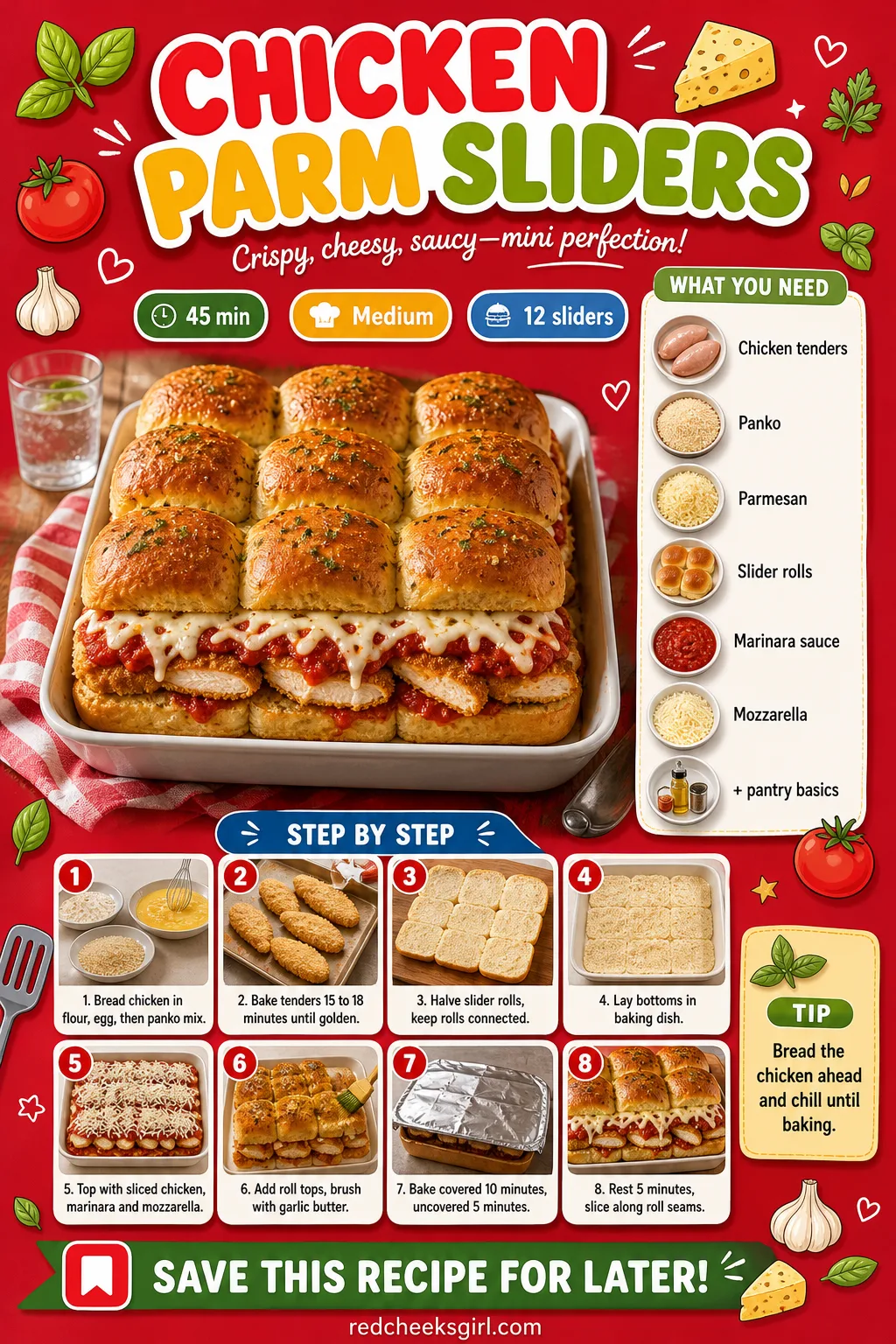 Chicken Parm Sliders Recipe Card printable sheet — Printable card for baked chicken parm sliders. Super bowl party food