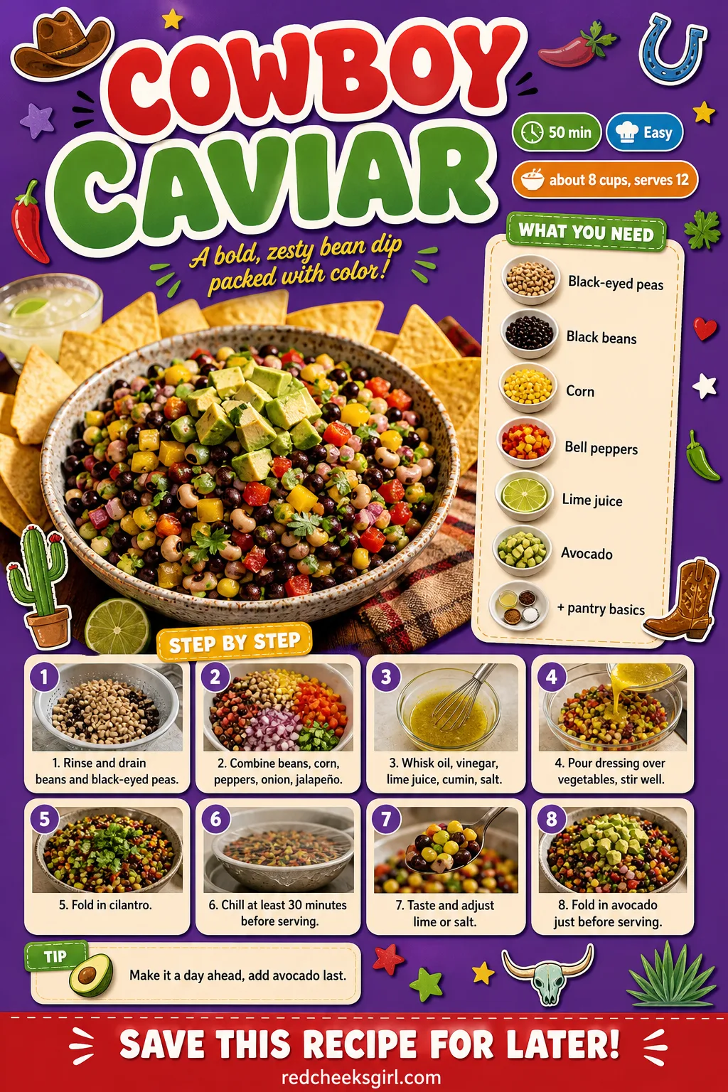 Cowboy Caviar Recipe Card printable sheet — Printable card for cowboy caviar bean dip. Super bowl party food