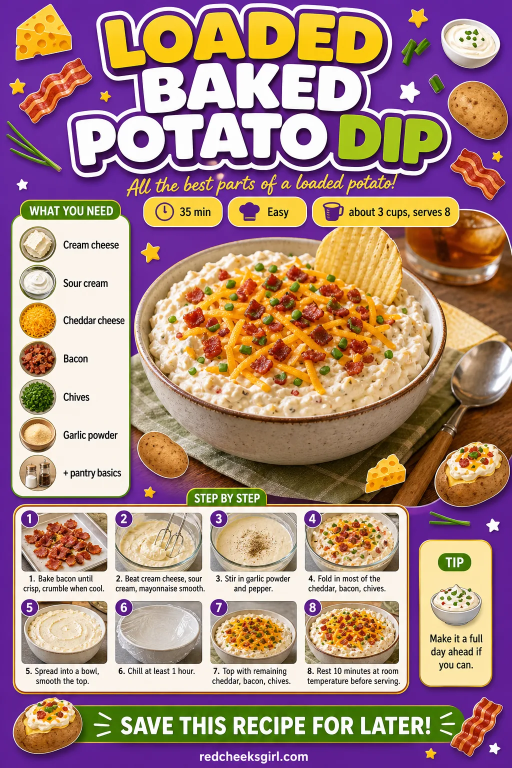 Loaded Baked Potato Dip Recipe Card printable sheet — Printable card for loaded baked potato dip. Super bowl party food
