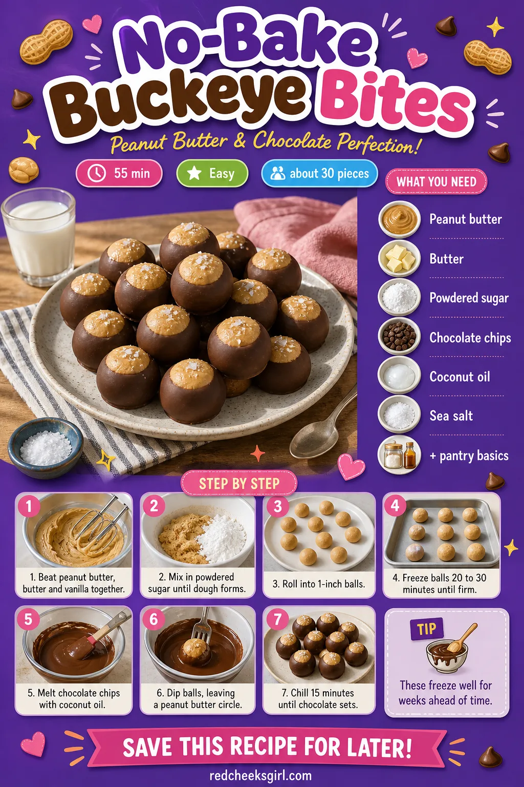 No-Bake Buckeye Bites Recipe Card printable sheet — Printable card for no-bake buckeye bites. Super bowl party food