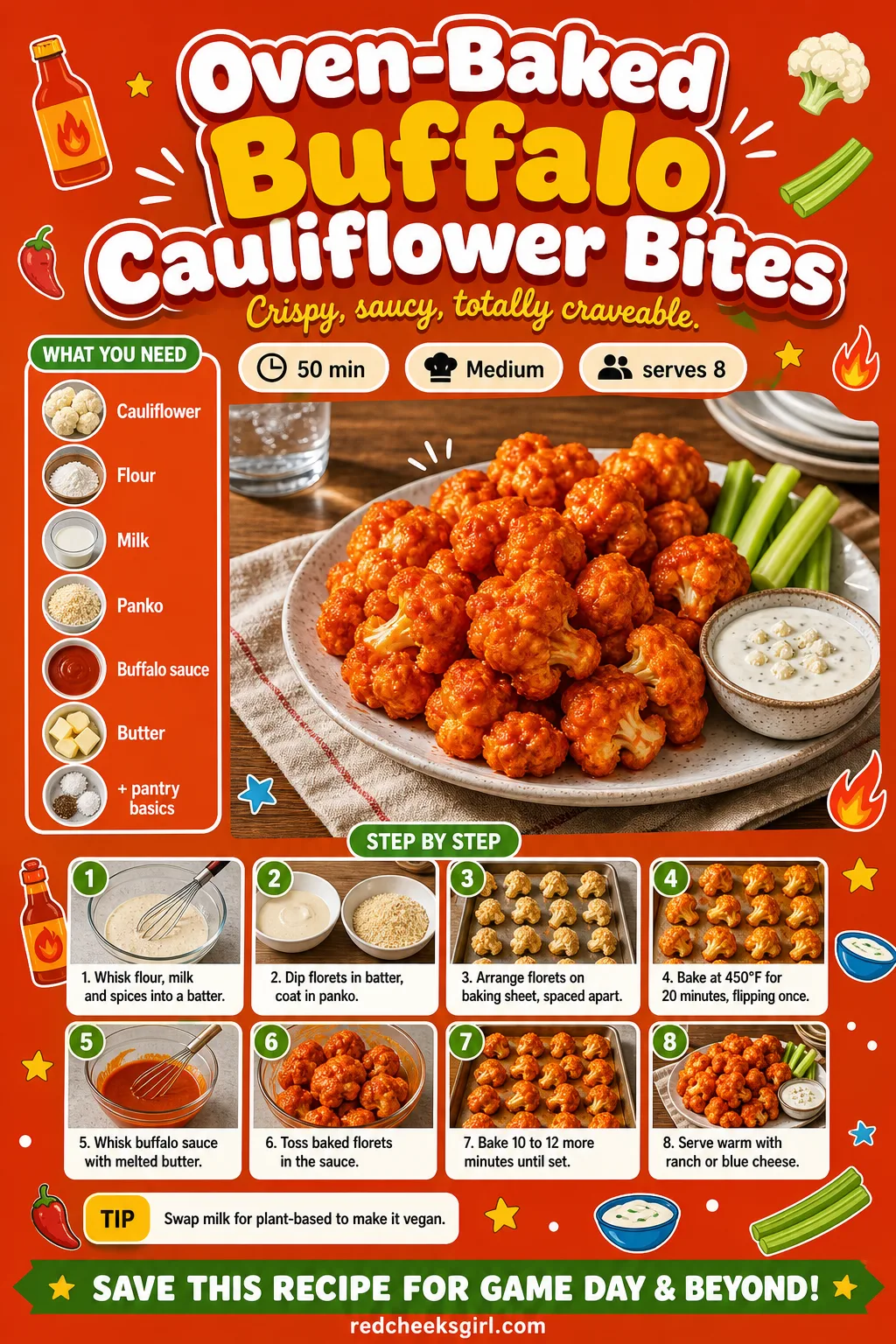 Oven-Baked Buffalo Cauliflower Bites Recipe Card printable sheet — Printable card for oven-baked buffalo cauliflower bites. Super bowl party food