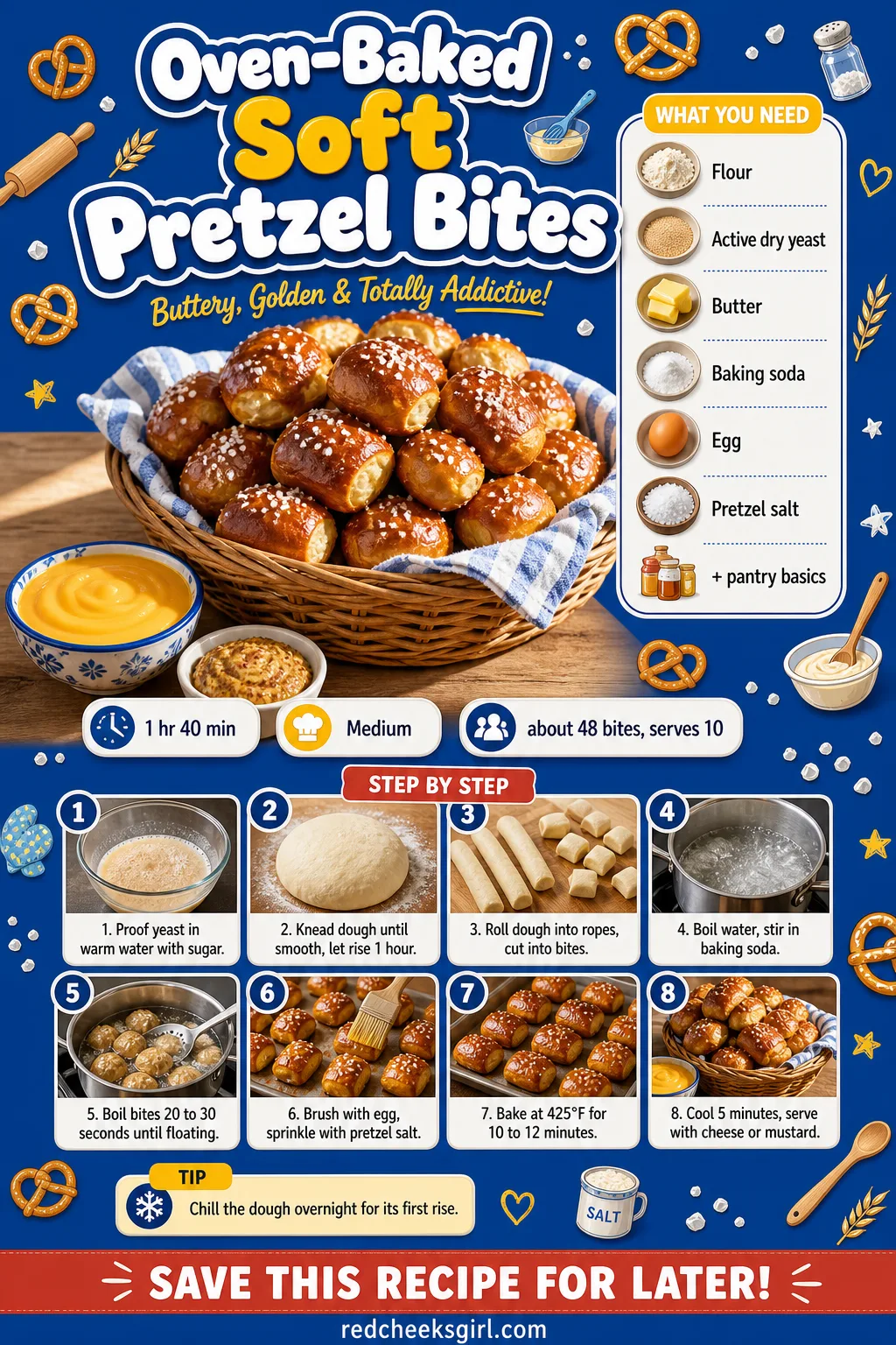 Oven-Baked Soft Pretzel Bites Recipe Card printable sheet — Printable card for oven-baked soft pretzel bites. Super bowl party food
