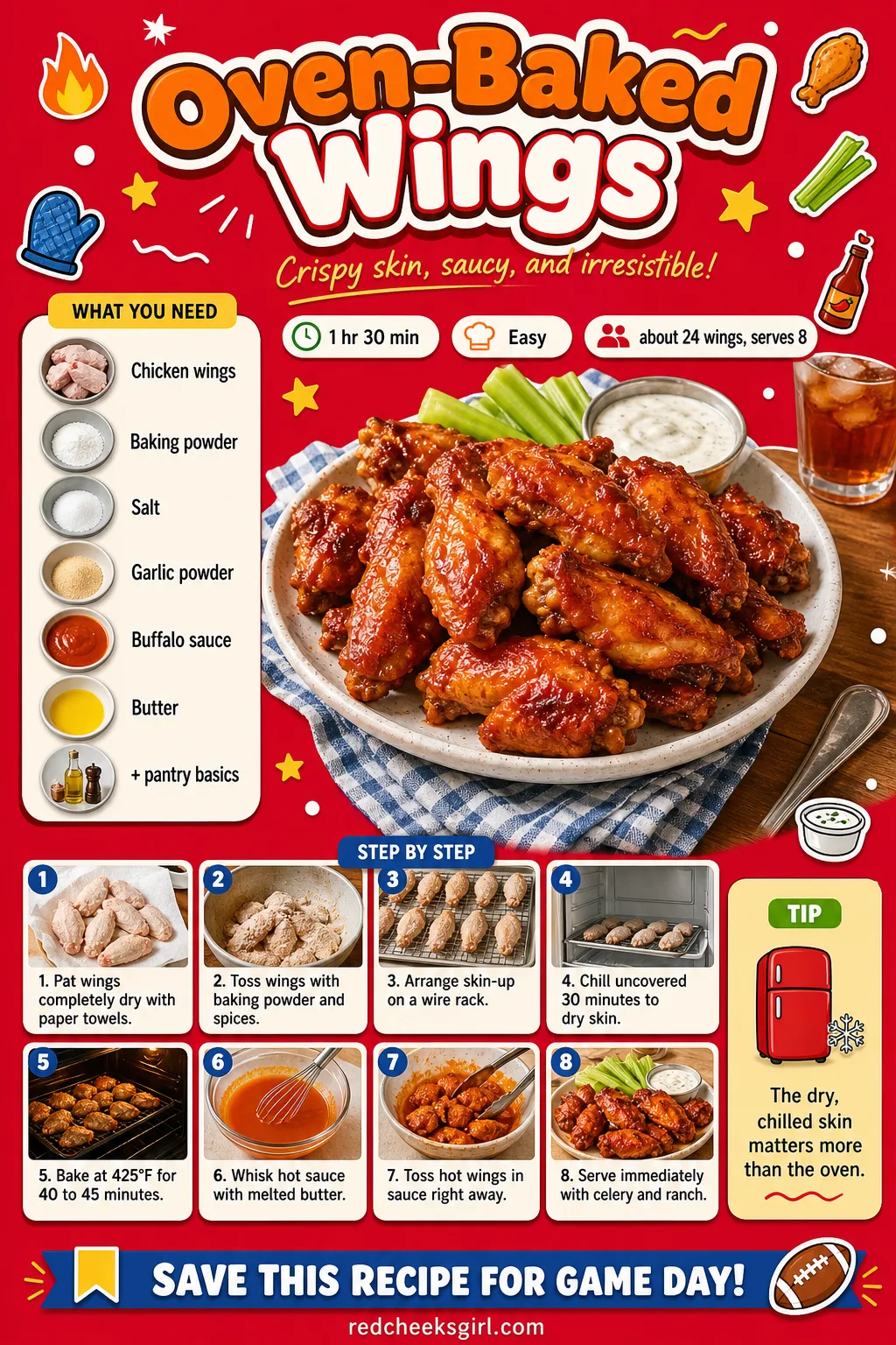 Oven-Baked Wings Recipe Card printable sheet — Printable card for crispy oven-baked wings. Super bowl party food