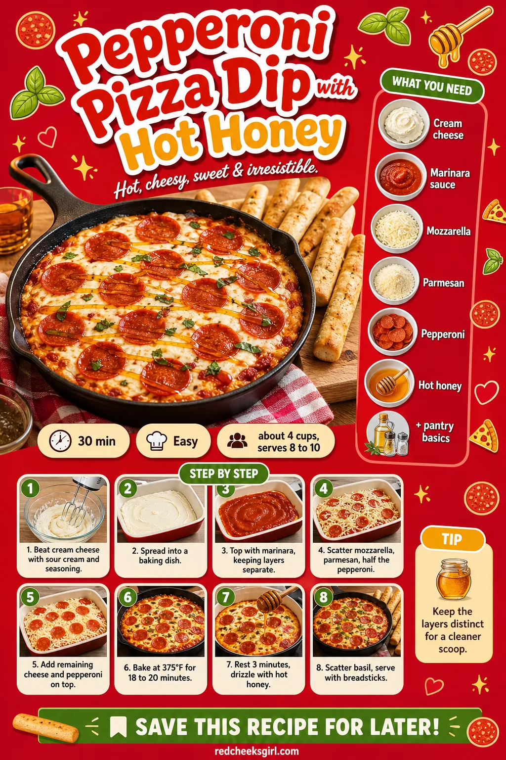 Pepperoni Pizza Dip with Hot Honey Recipe Card printable sheet — Printable card for baked pizza dip with hot honey. Super bowl party food