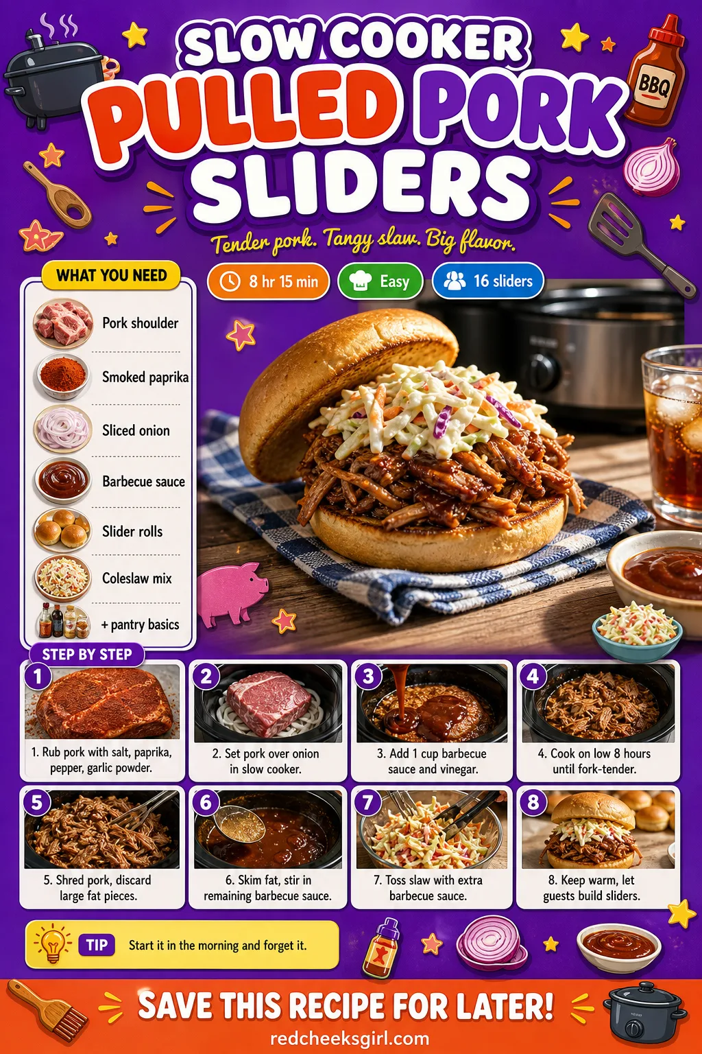 Slow Cooker Pulled Pork Sliders Recipe Card printable sheet — Printable card for slow cooker pulled pork sliders. Super bowl party food