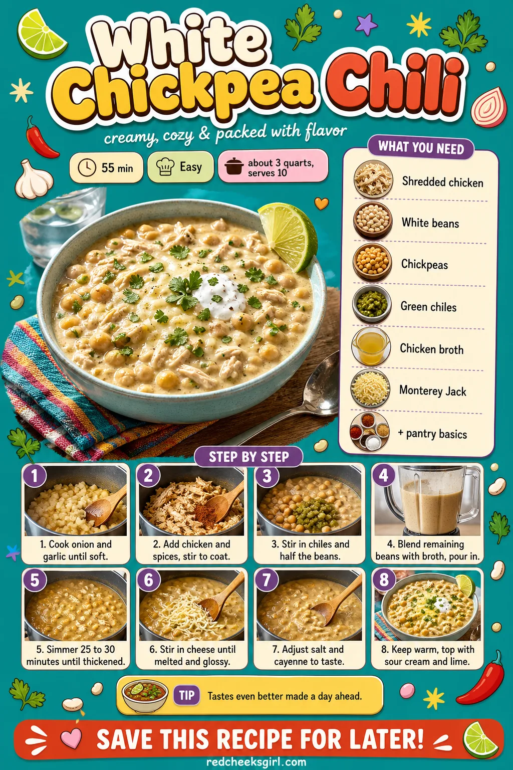 White Chickpea Chili Recipe Card printable sheet — Printable card for white chickpea chili. Super bowl party food