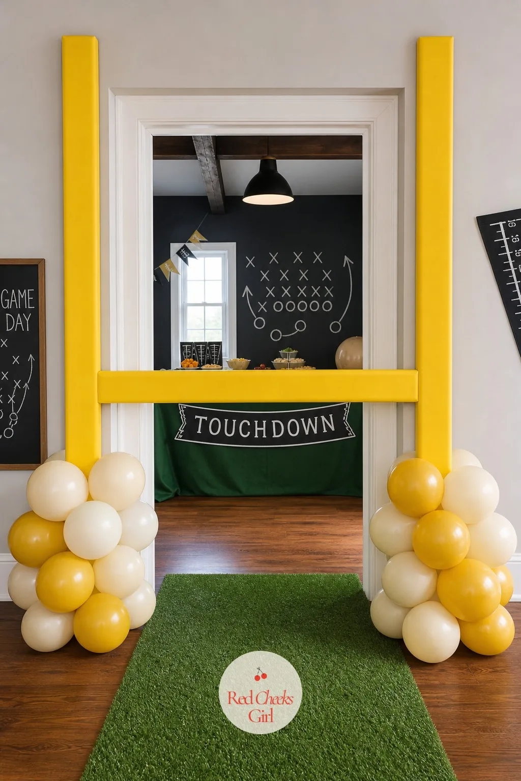 Goalpost Balloon Arch — She will say an arch is too much work for one Sunday. Super bowl party ideas