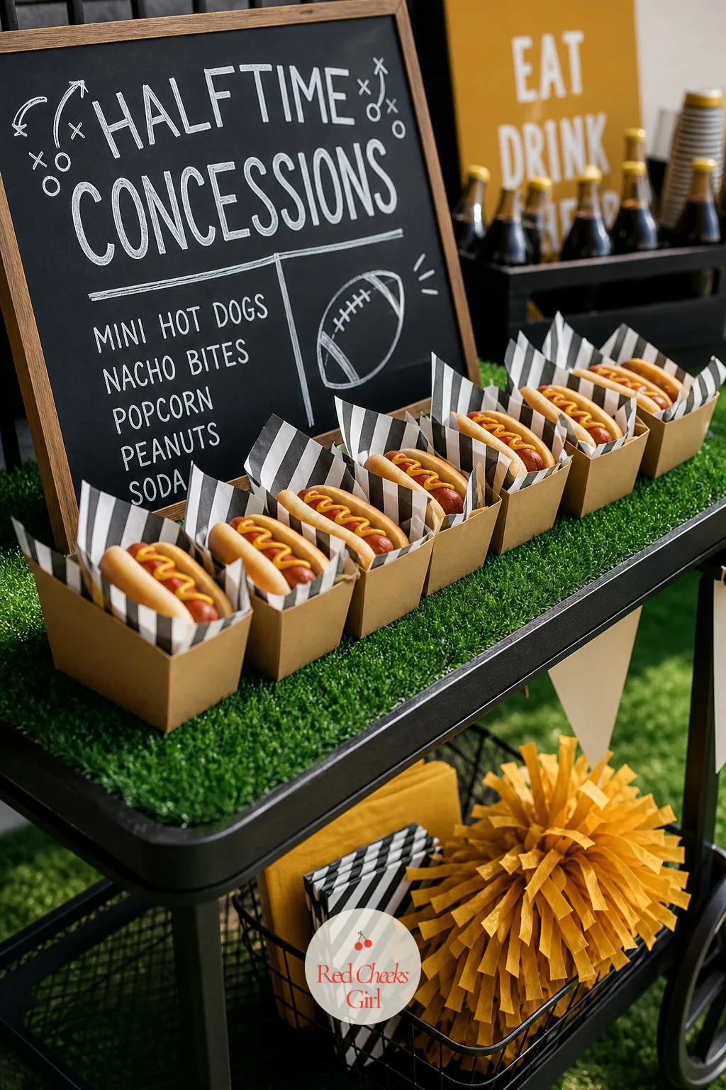 Halftime Concessions Sign with Snack Boxes — Halftime is the one stretch of the broadcast nobody minds missing, so give it its own moment on the table instead