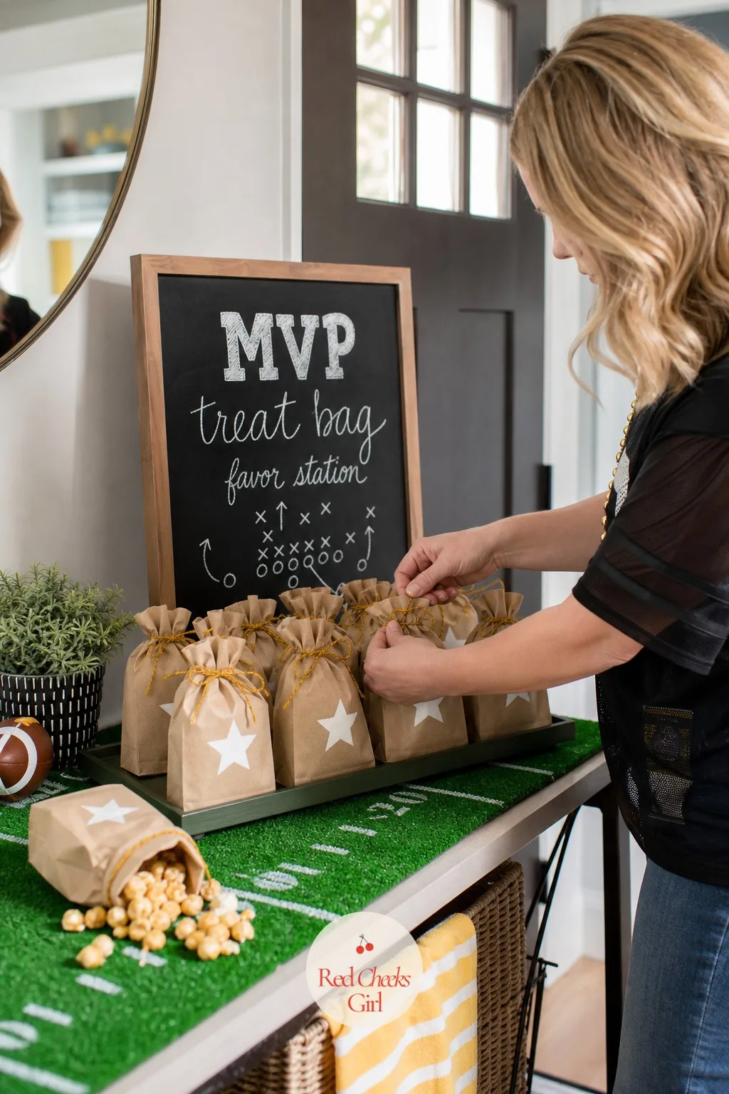 MVP Treat Bag Favor Station — Nobody expects a favor from a Super Bowl party, which is exactly why a small one at the door feels like a nice surprise rather