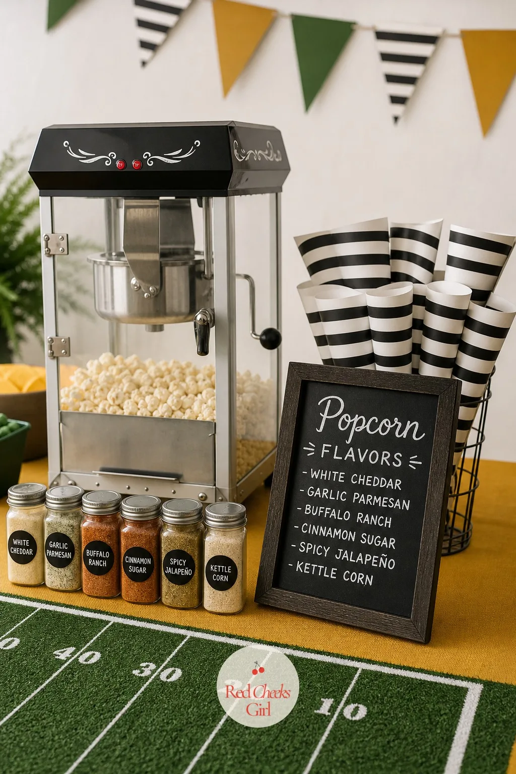 Popcorn Bar with Flavorings — Plain popcorn in one bowl disappears in ten minutes and nobody remembers it. Super bowl party ideas