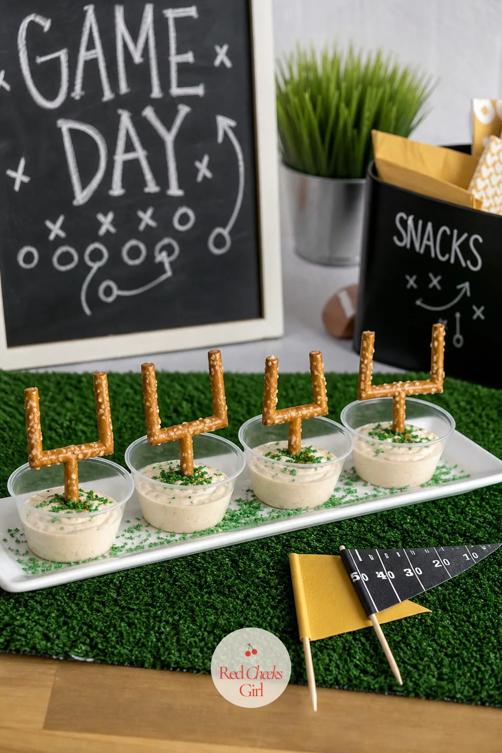 Pretzel Rod Goalpost Dip Cups — A row of dip cups on a tray is efficient and a little dull. Super bowl party ideas