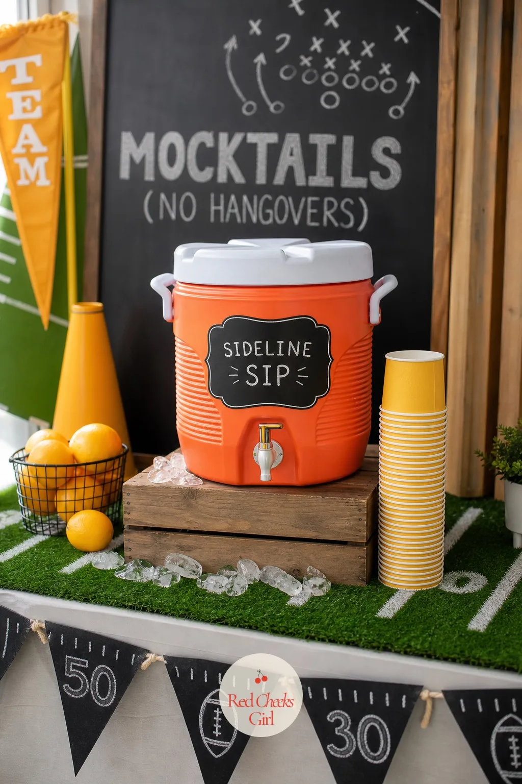 Sideline Cooler Mocktail Dispenser — The orange cooler with a spigot is instantly recognisable from every sideline she has ever half-watched, and that is