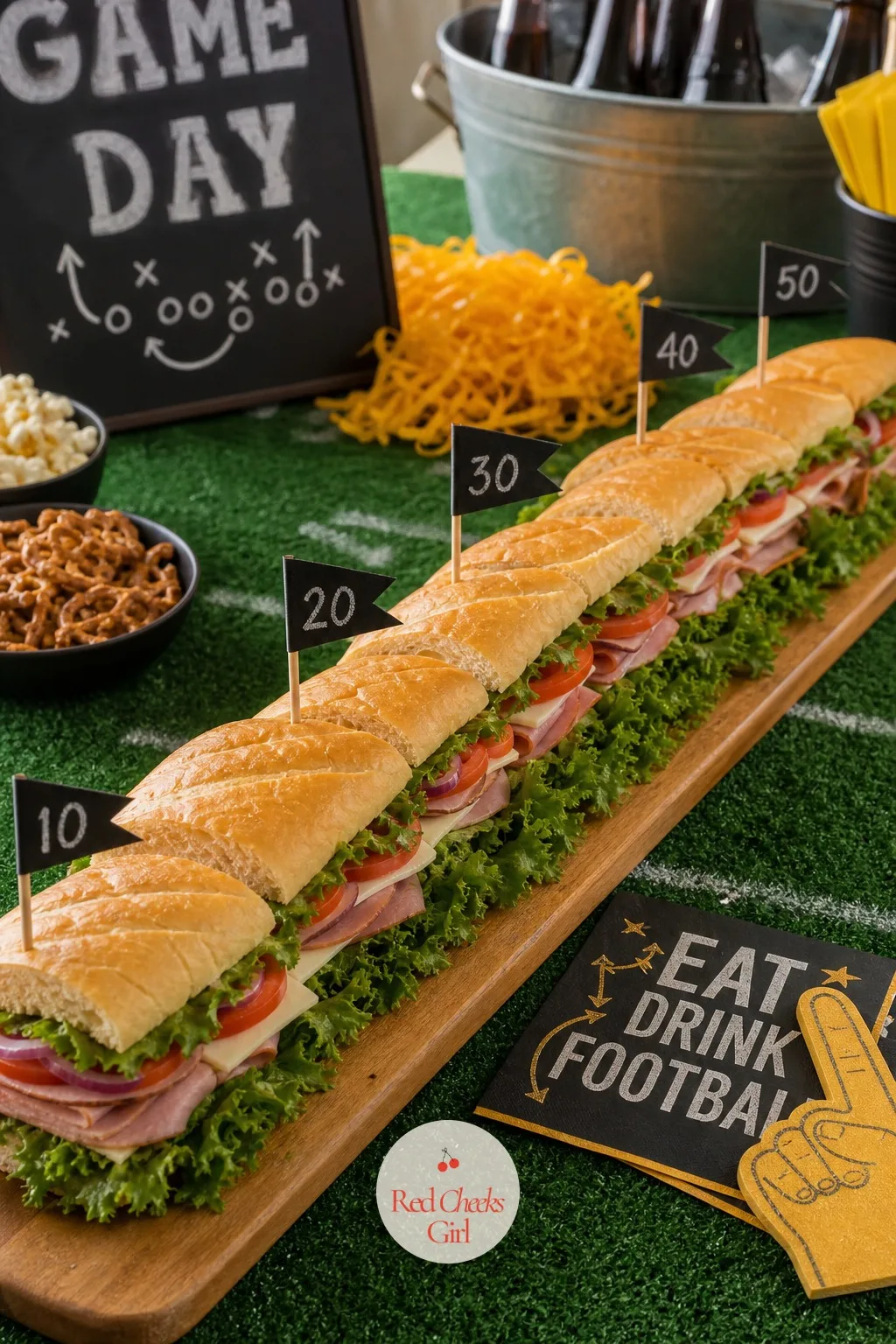 Sub Sandwich Yard Markers — A tray of sandwiches cut into squares is easy and forgettable. Super bowl party ideas