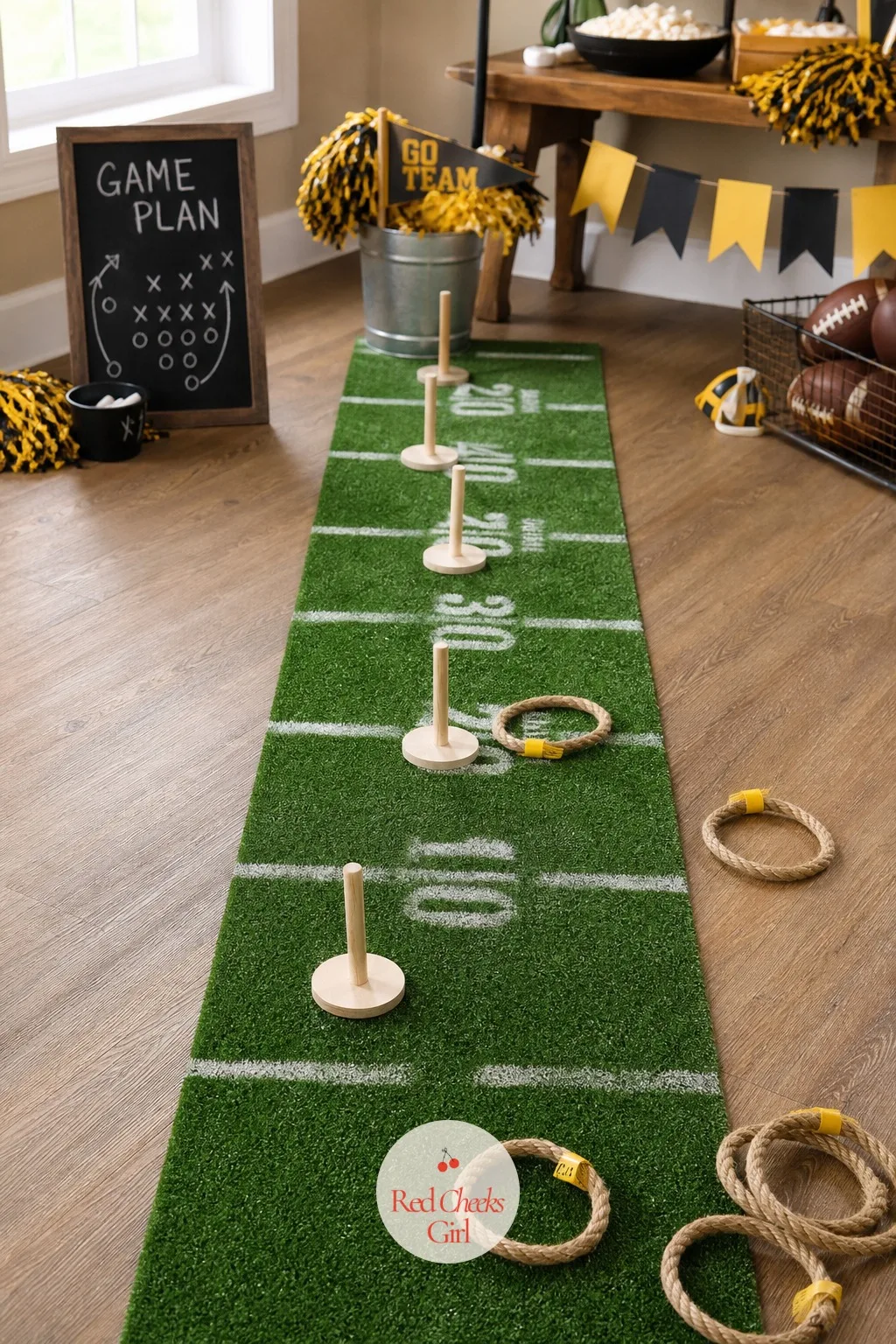 Yard Line Ring Toss — The turf runner already stretched down the hallway earns a second job at halftime, once it stops being just a path and becomes a tiny