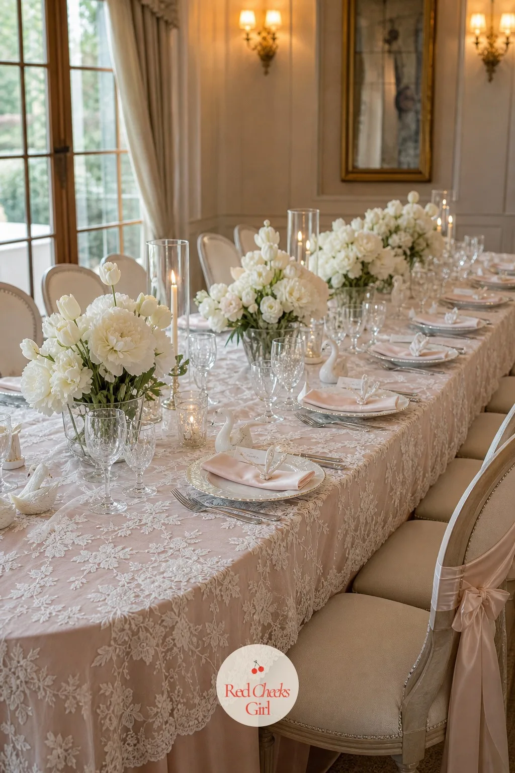 Airy Lace Over Every Table — A bare cloth looks like a conference room no matter how pretty the centerpiece is. Swan wedding