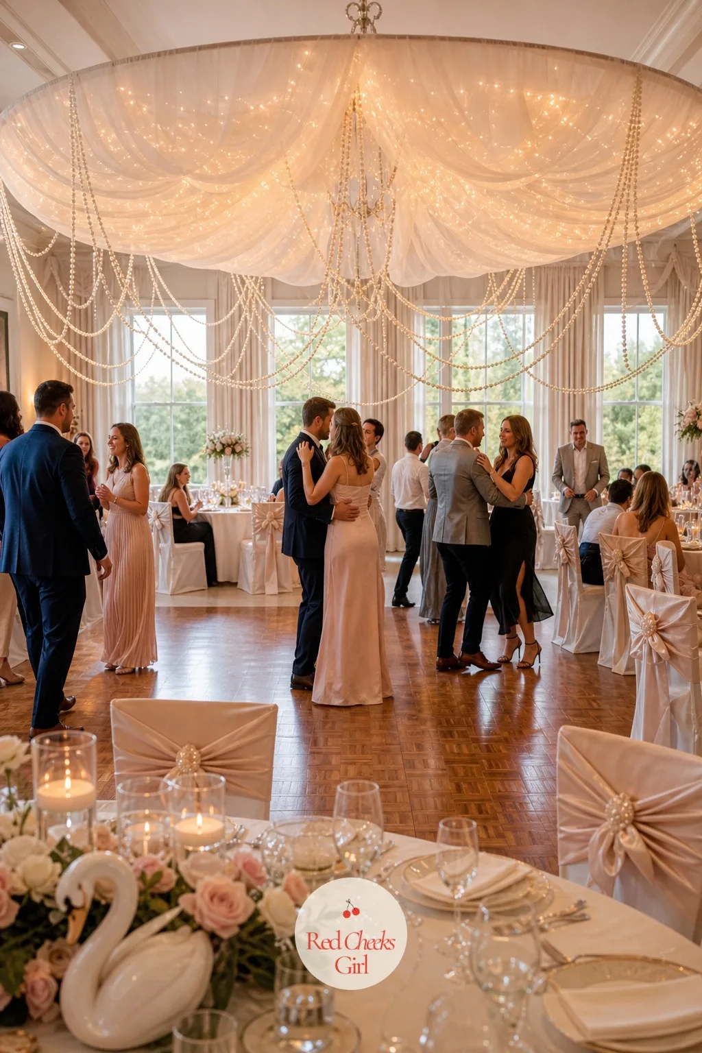 A Pearl Chandelier Drape Over the Dance Floor — A dance floor lit only with string lights looks fine, not like the inside of a jewellery box. Swan wedding