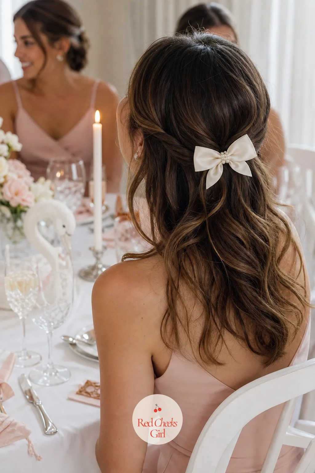 Pearl Hair Bows for the Bridesmaids — Matching dresses already do a lot of the visual work, so hair just needs one small shared detail rather than an elaborate
